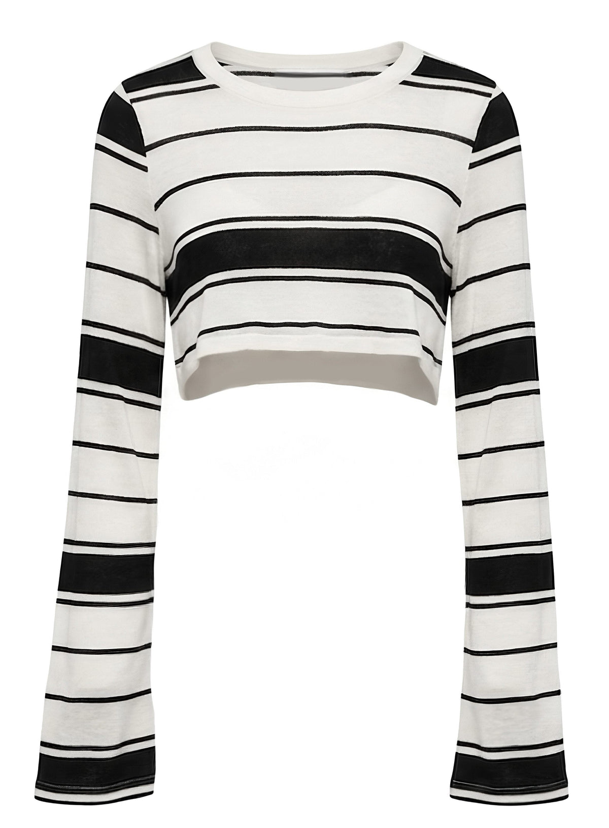 Black White Striped Roundneck Long Sleeve Loose Women's Lyocell Wool Crop Tops