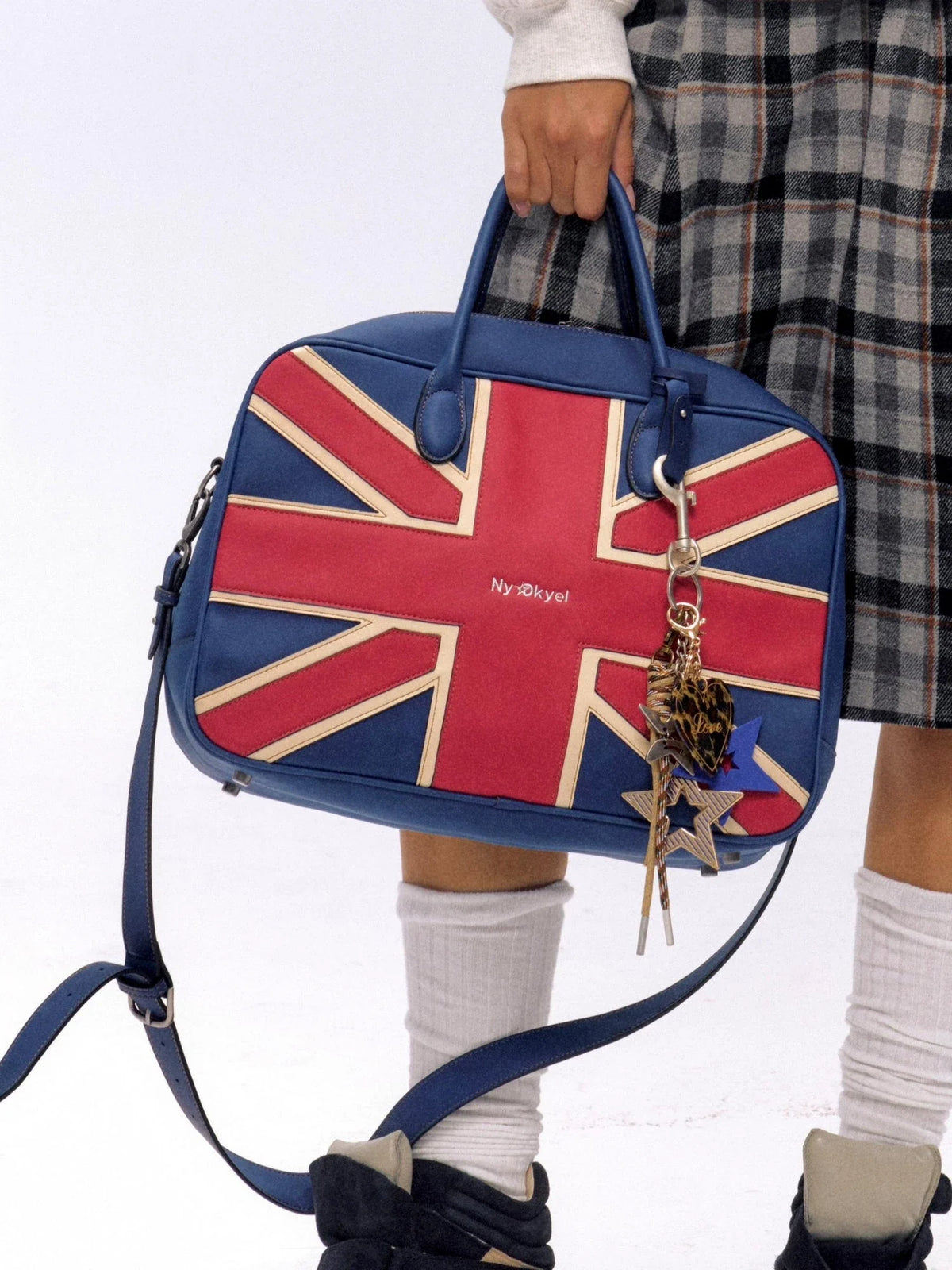 British Flag Embroidered Vintage Blue Pu Leather Boston Bag