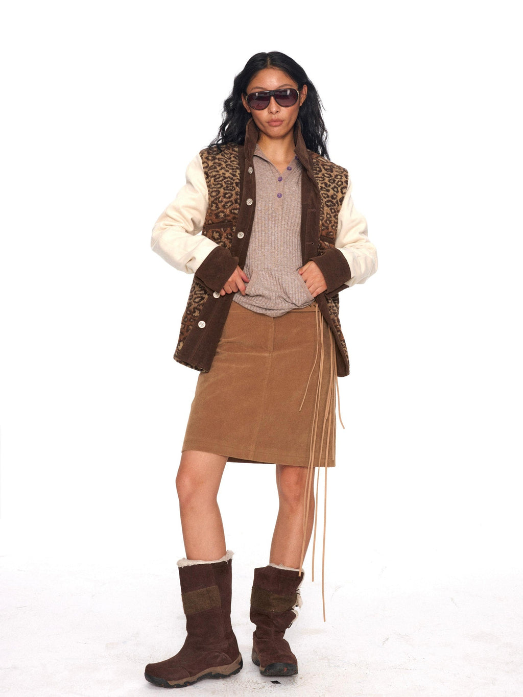 Brushed Suede Brown Fringed Low Waist Slim Pencil Front Zip Midi Skirt