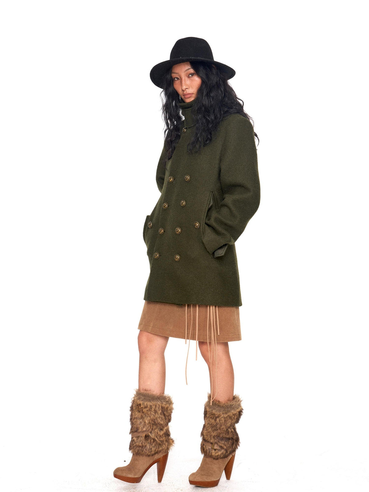Brushed Suede Brown Fringed Low Waist Slim Pencil Front Zip Midi Skirt
