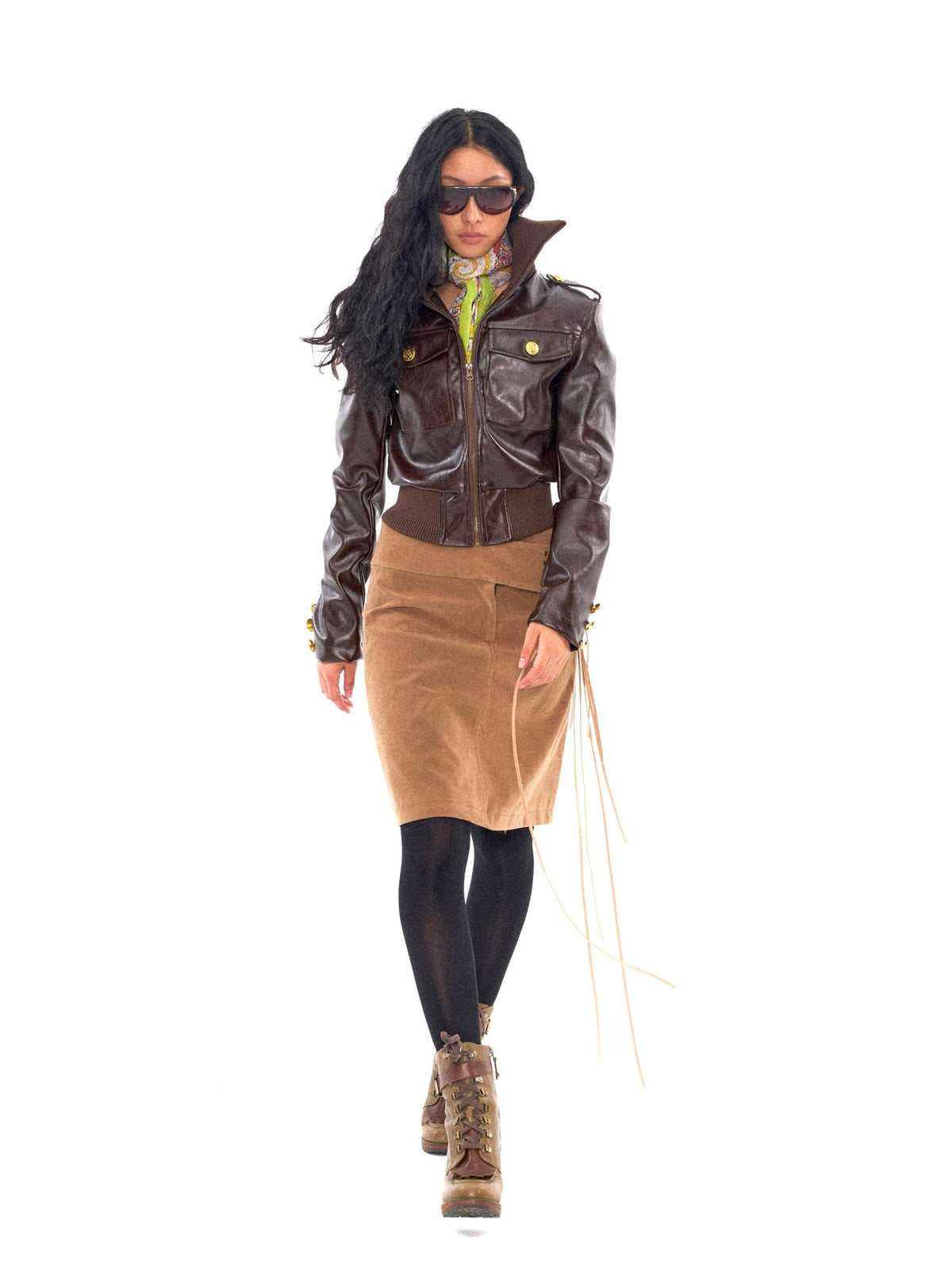 Brushed Suede Brown Fringed Low Waist Slim Pencil Front Zip Midi Skirt