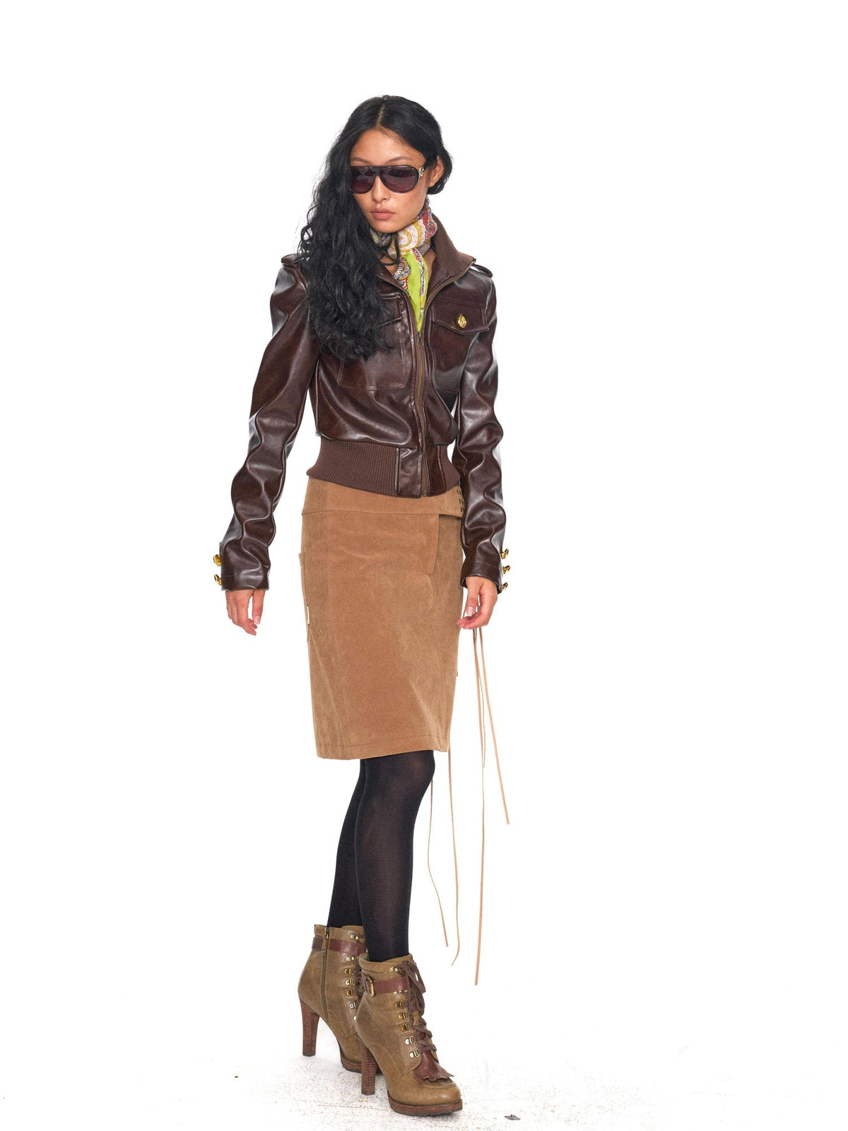 Brushed Suede Brown Fringed Low Waist Slim Pencil Front Zip Midi Skirt
