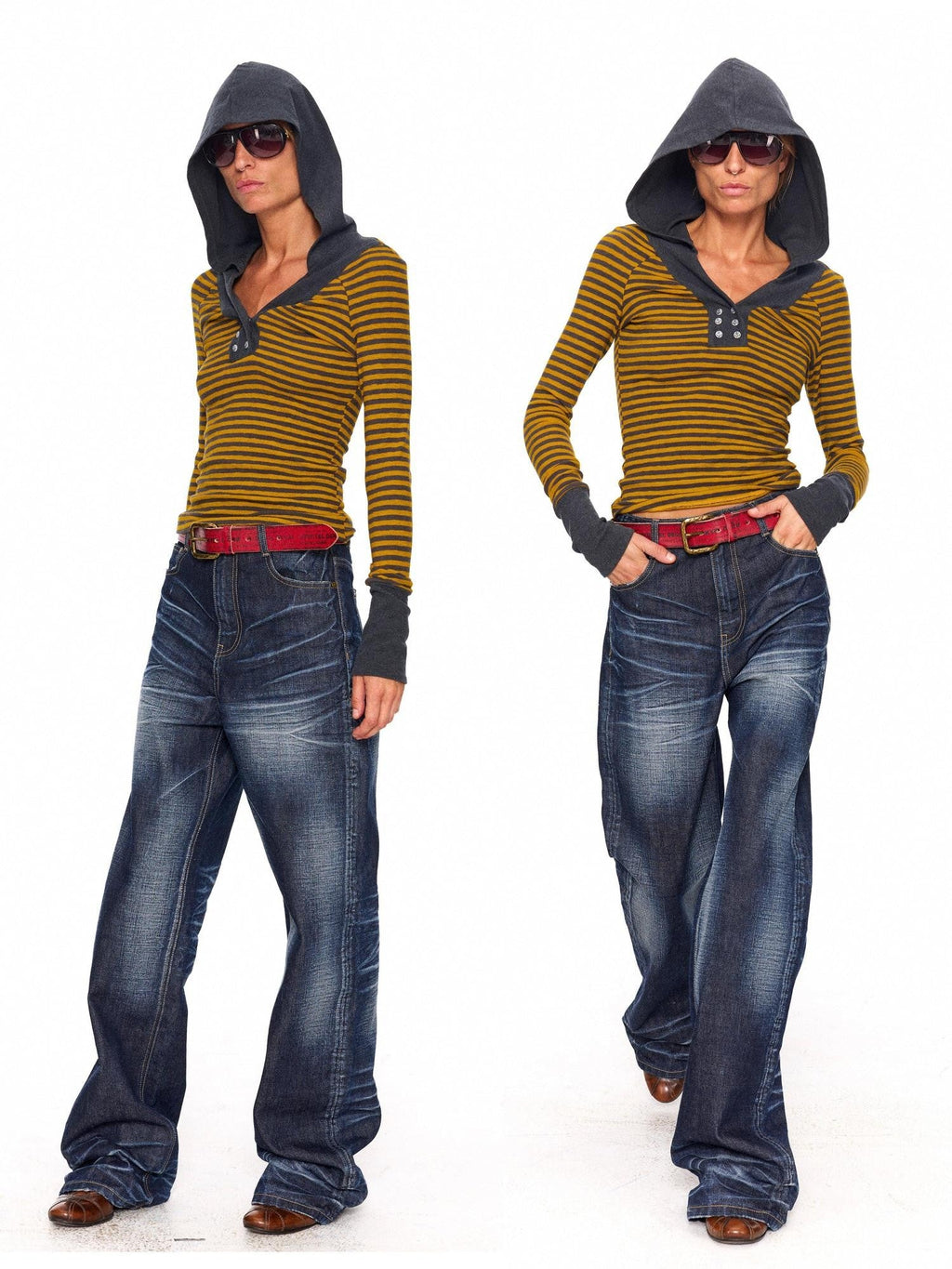 Contrast Neck Double Anchor Buttons Knit Hood Women's Long Sleeve T-shirts