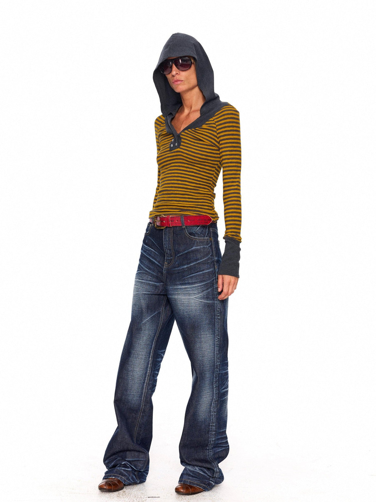 Contrast Neck Double Anchor Buttons Knit Hood Women's Long Sleeve T-shirts