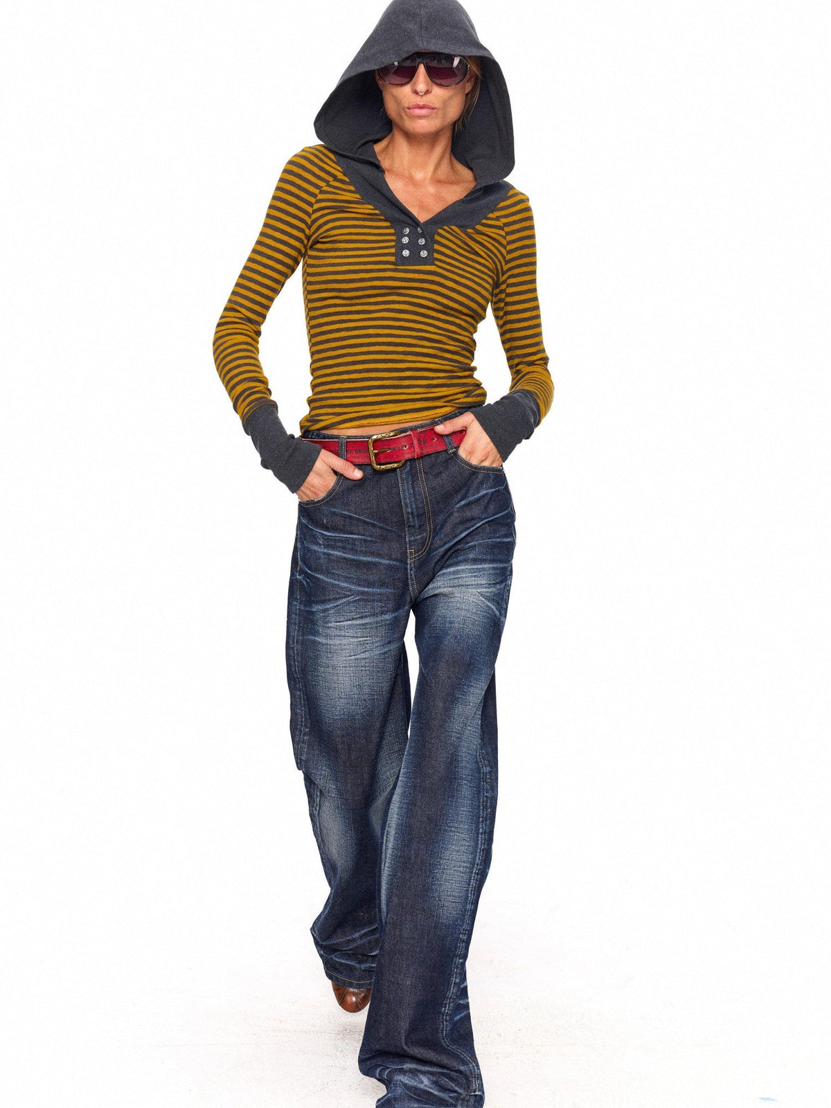 Contrast Neck Double Anchor Buttons Knit Hood Women's Long Sleeve T-shirts