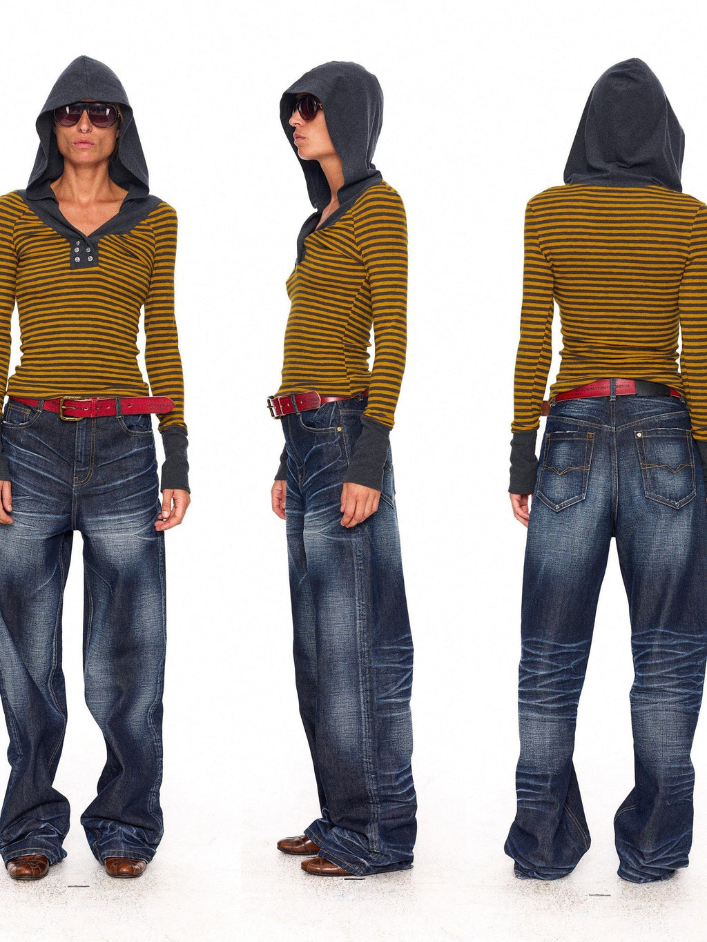 Contrast Neck Double Anchor Buttons Knit Hood Women's Long Sleeve T-shirts