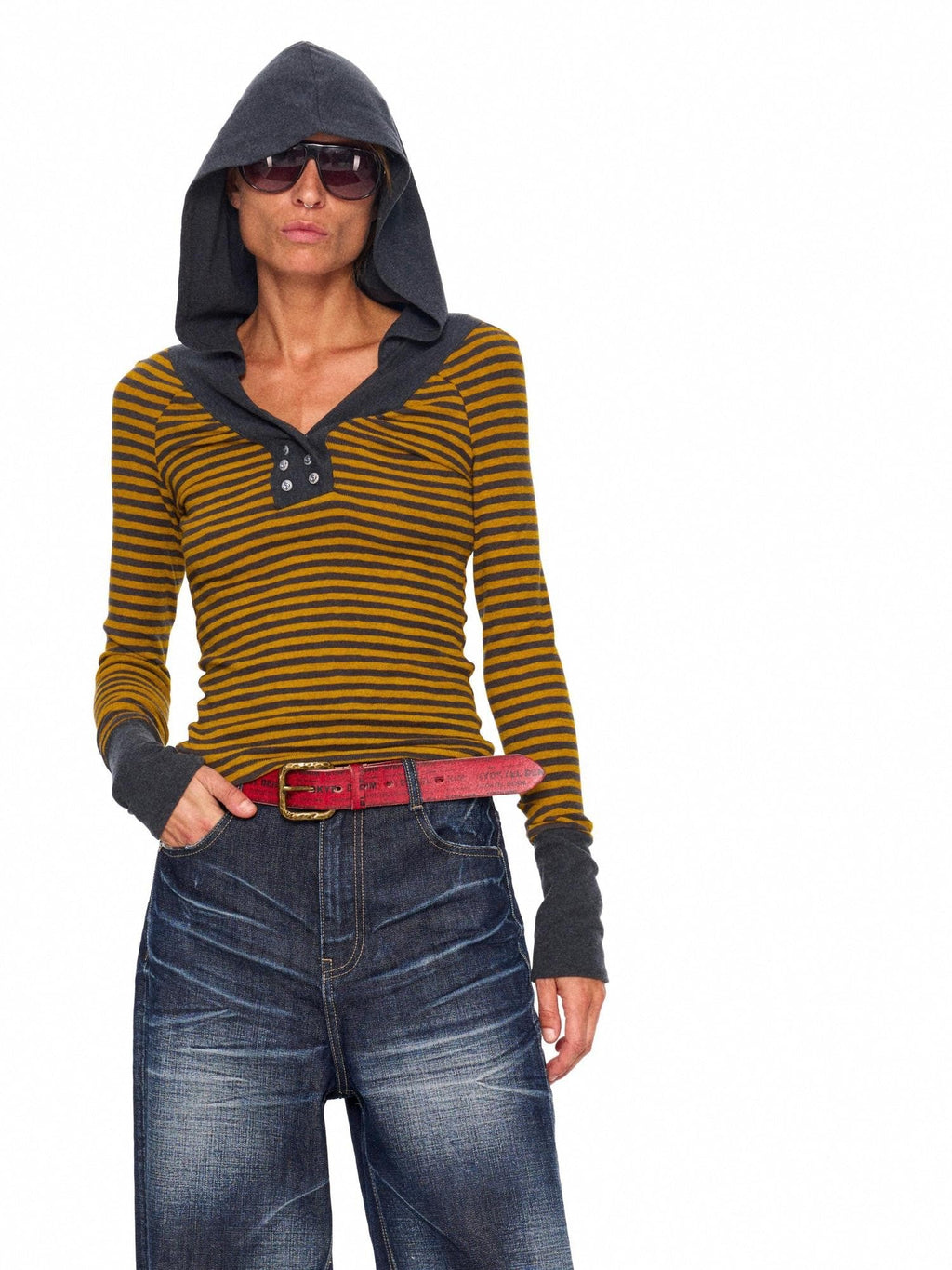 Contrast Neck Double Anchor Buttons Knit Hood Women's Long Sleeve T-shirts