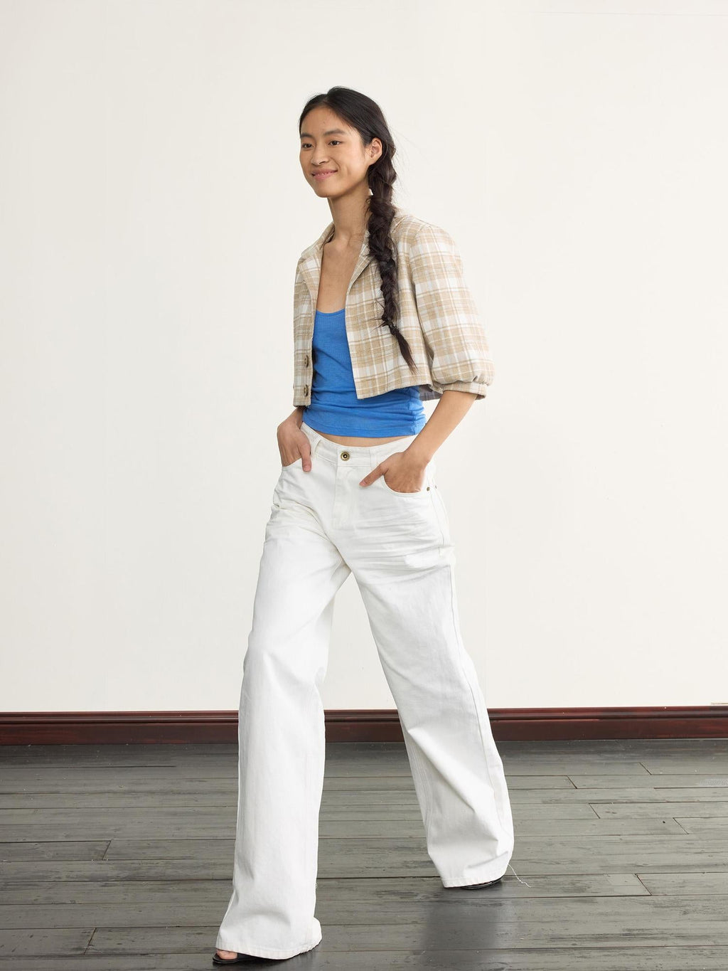 Elegant Casual White Textured Pleated Straight Jeans