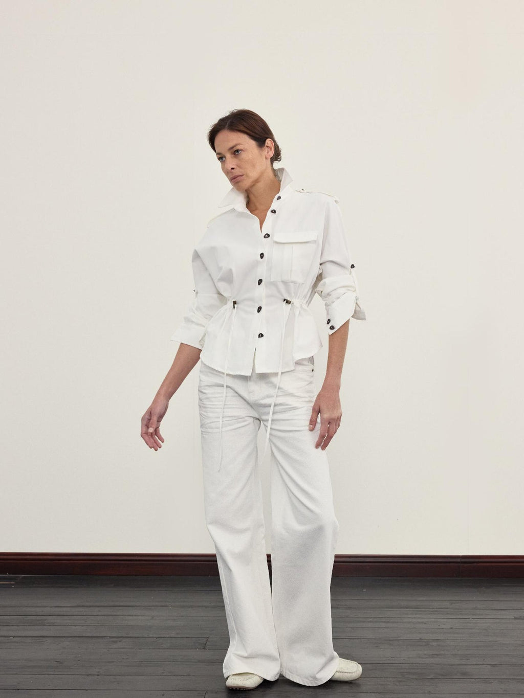 Elegant Casual White Textured Pleated Straight Jeans