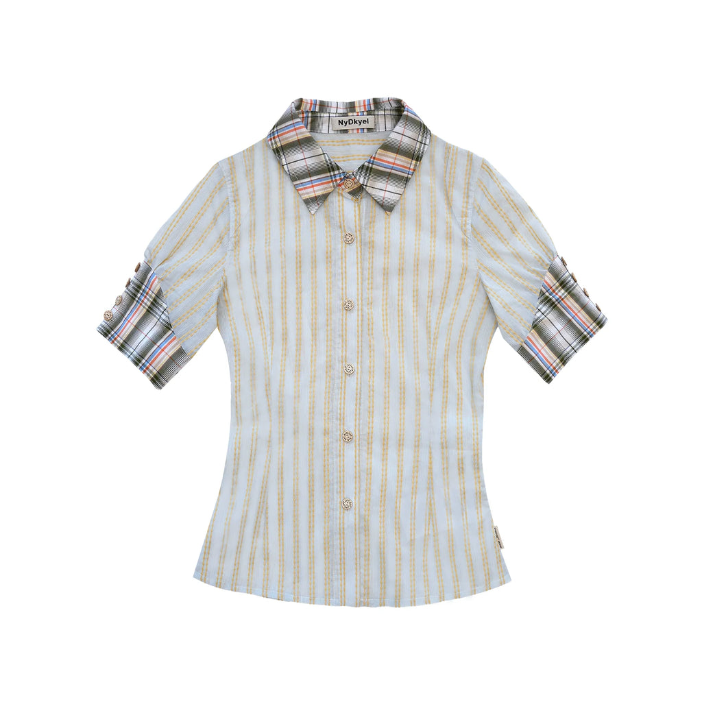 Geometric Color Block Striped Shirt with Asymmetric Cuffs