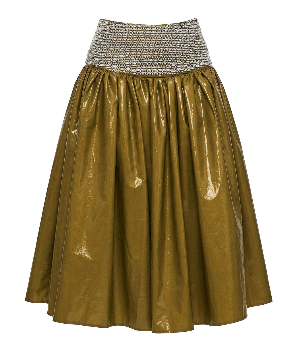 Glossy Faux Leather Look Beaded Wide Waistband Women's Cotton A-line Skirts