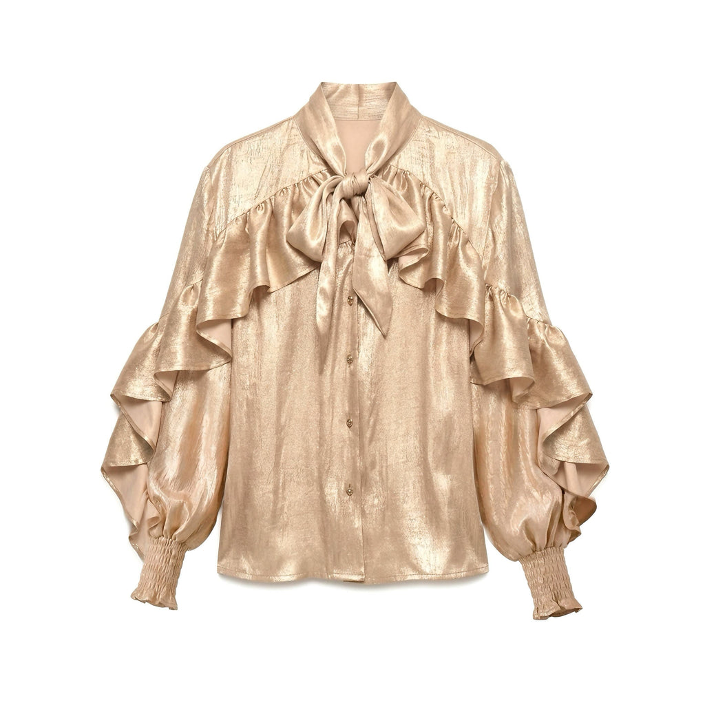 Gold Sheen Regal Ruffle Tie Neck Lantern Sleeve Women's Polyester Shirts