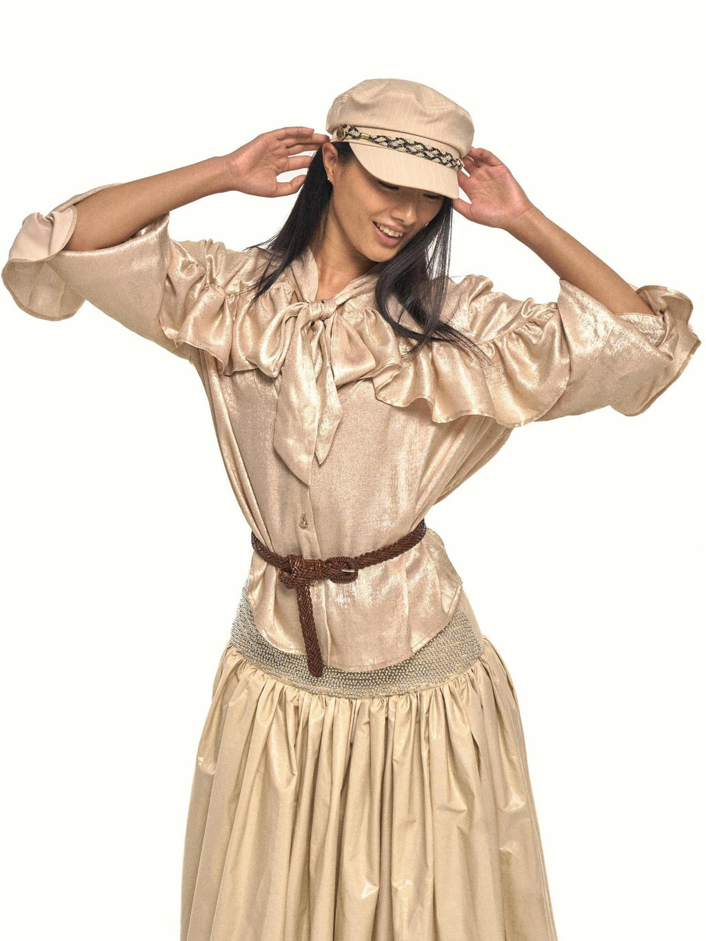 Gold Sheen Regal Ruffle Tie Neck Lantern Sleeve Women's Polyester Shirts