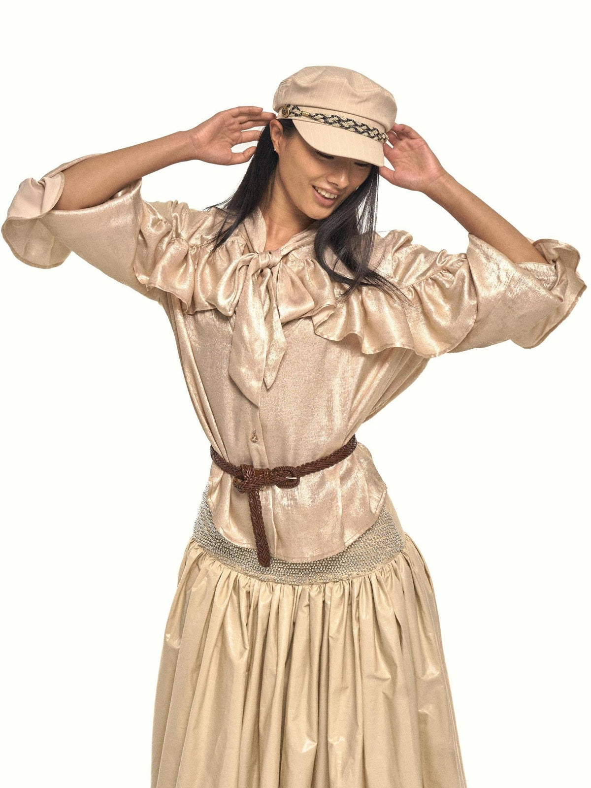 Gold Sheen Regal Ruffle Tie Neck Lantern Sleeve Women's Polyester Shirts