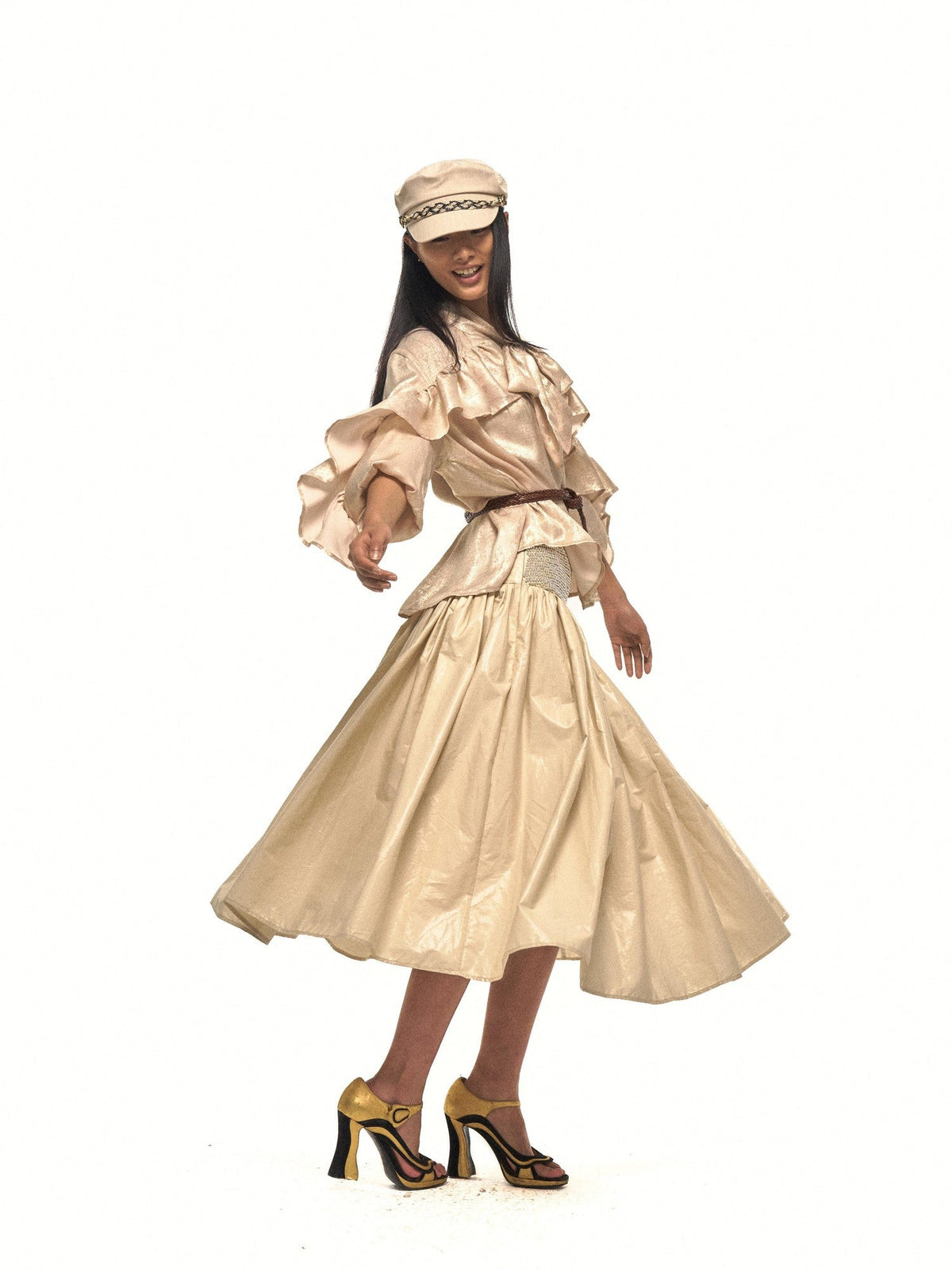 Gold Sheen Regal Ruffle Tie Neck Lantern Sleeve Women's Polyester Shirts