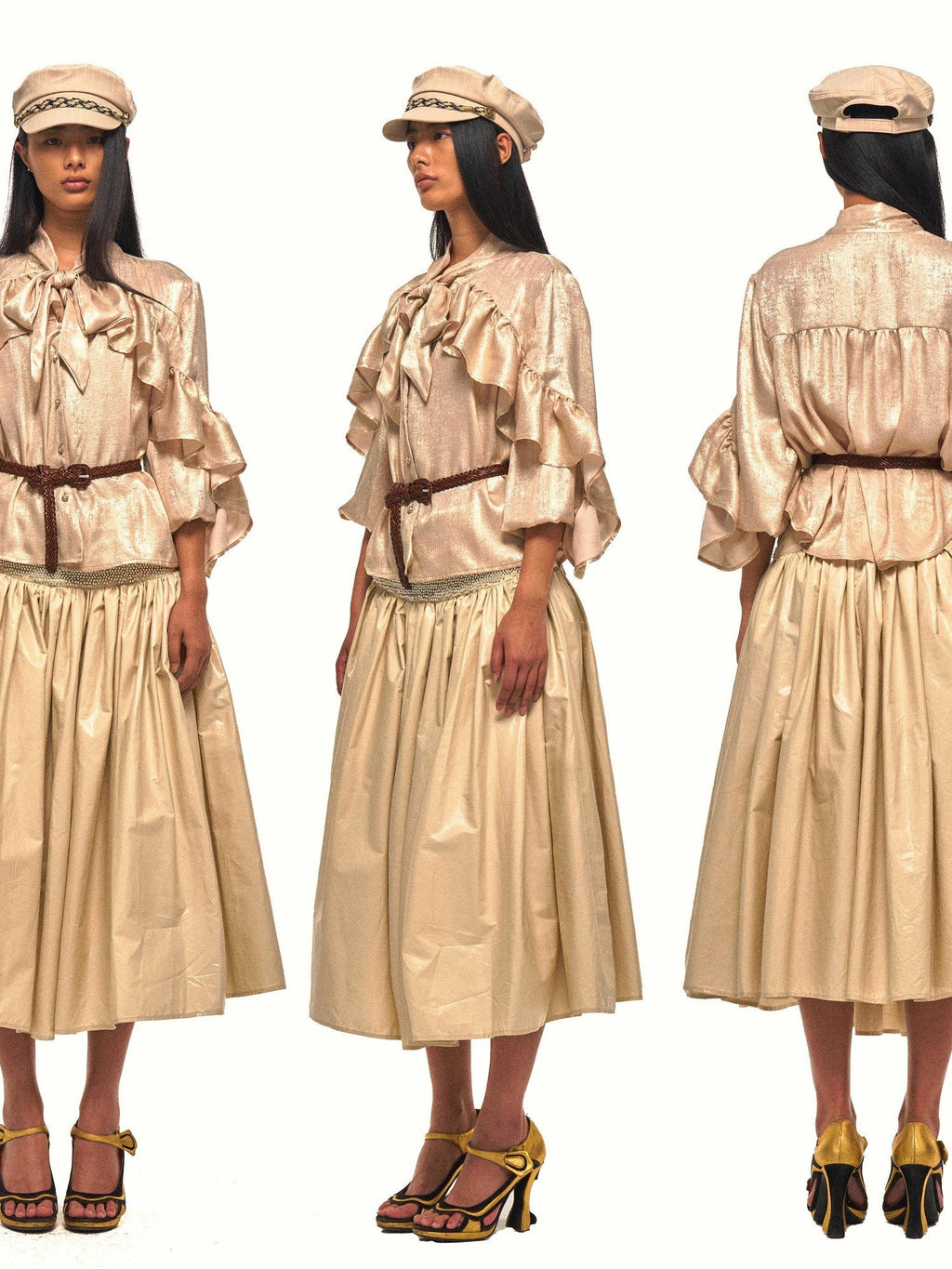 Gold Sheen Regal Ruffle Tie Neck Lantern Sleeve Women's Polyester Shirts