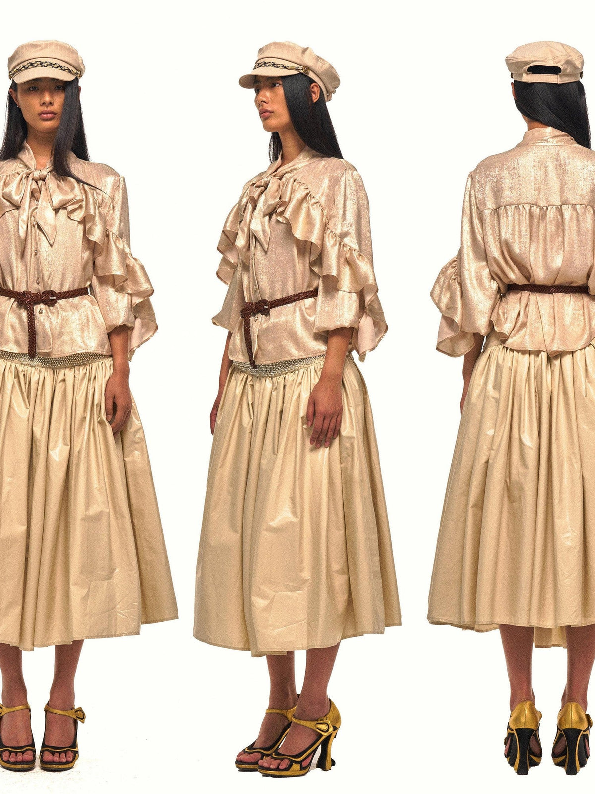 Gold Sheen Regal Ruffle Tie Neck Lantern Sleeve Women's Polyester Shirts