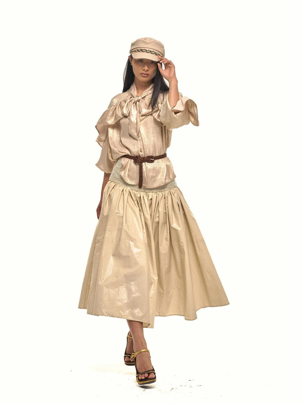 Gold Sheen Regal Ruffle Tie Neck Lantern Sleeve Women's Polyester Shirts