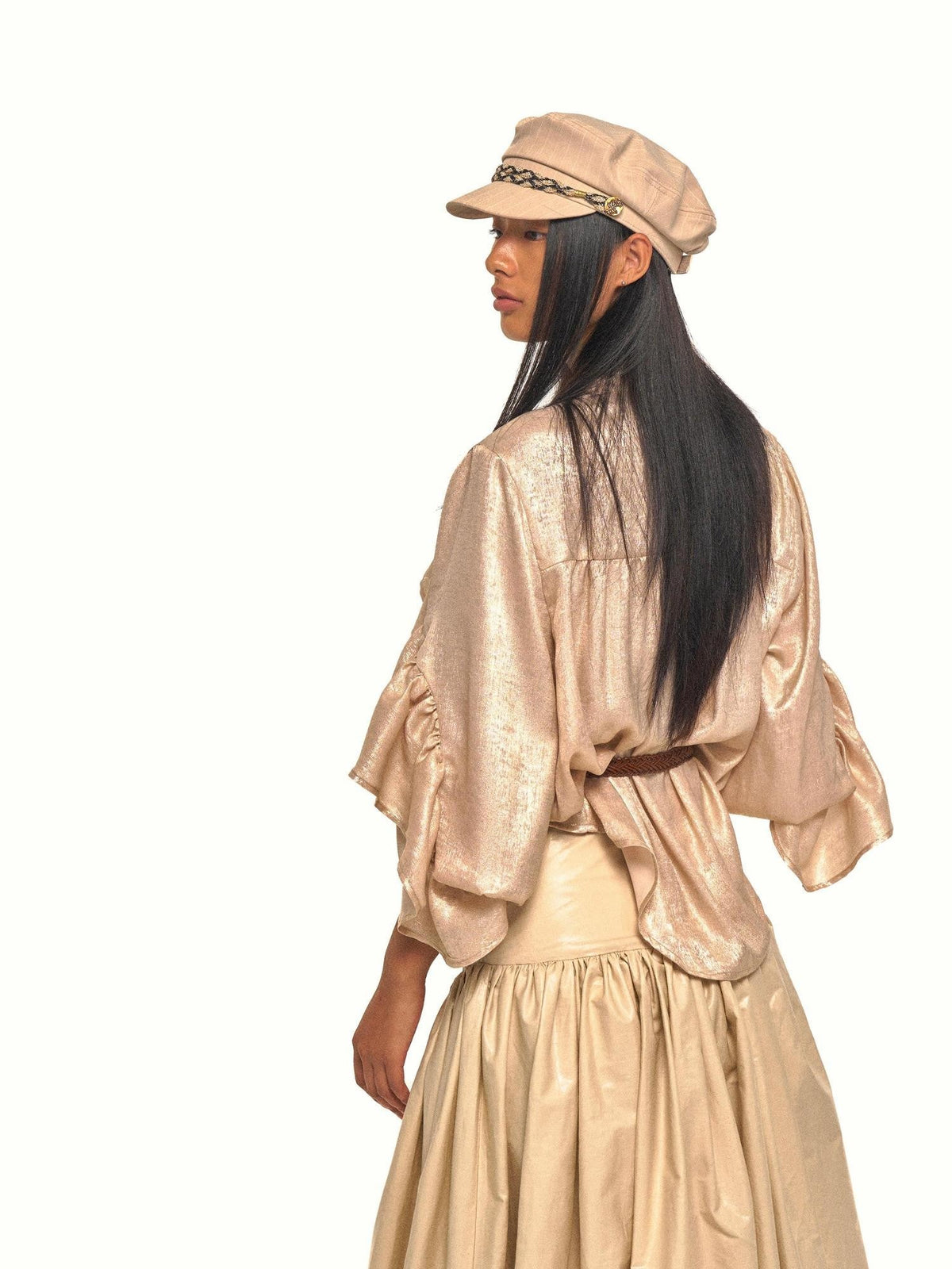 Gold Sheen Regal Ruffle Tie Neck Lantern Sleeve Women's Polyester Shirts