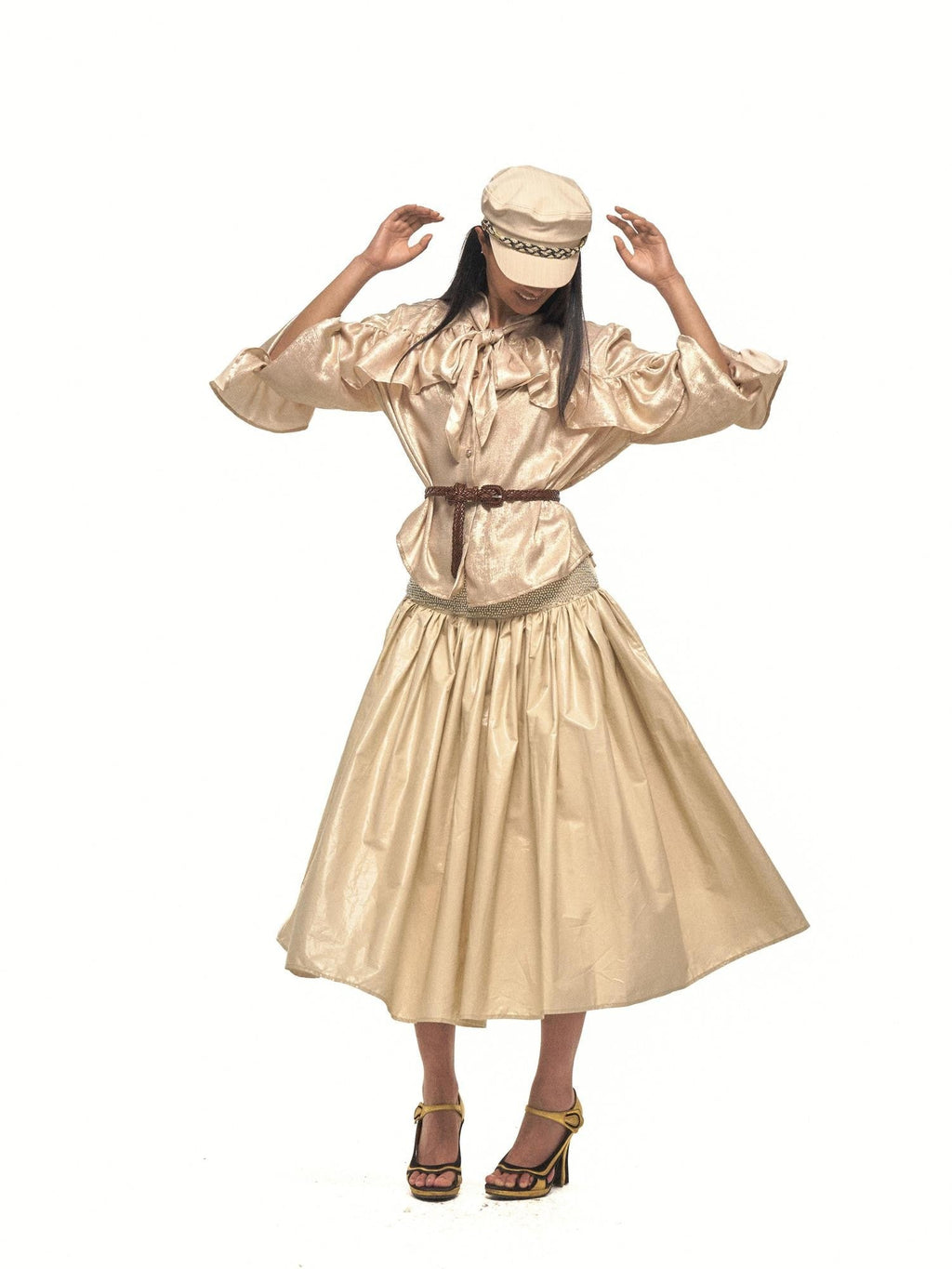 Gold Sheen Regal Ruffle Tie Neck Lantern Sleeve Women's Polyester Shirts
