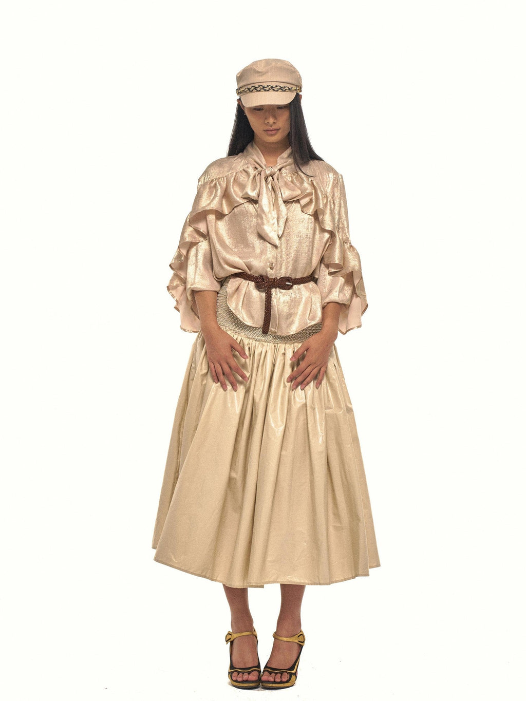 Gold Sheen Regal Ruffle Tie Neck Lantern Sleeve Women's Polyester Shirts