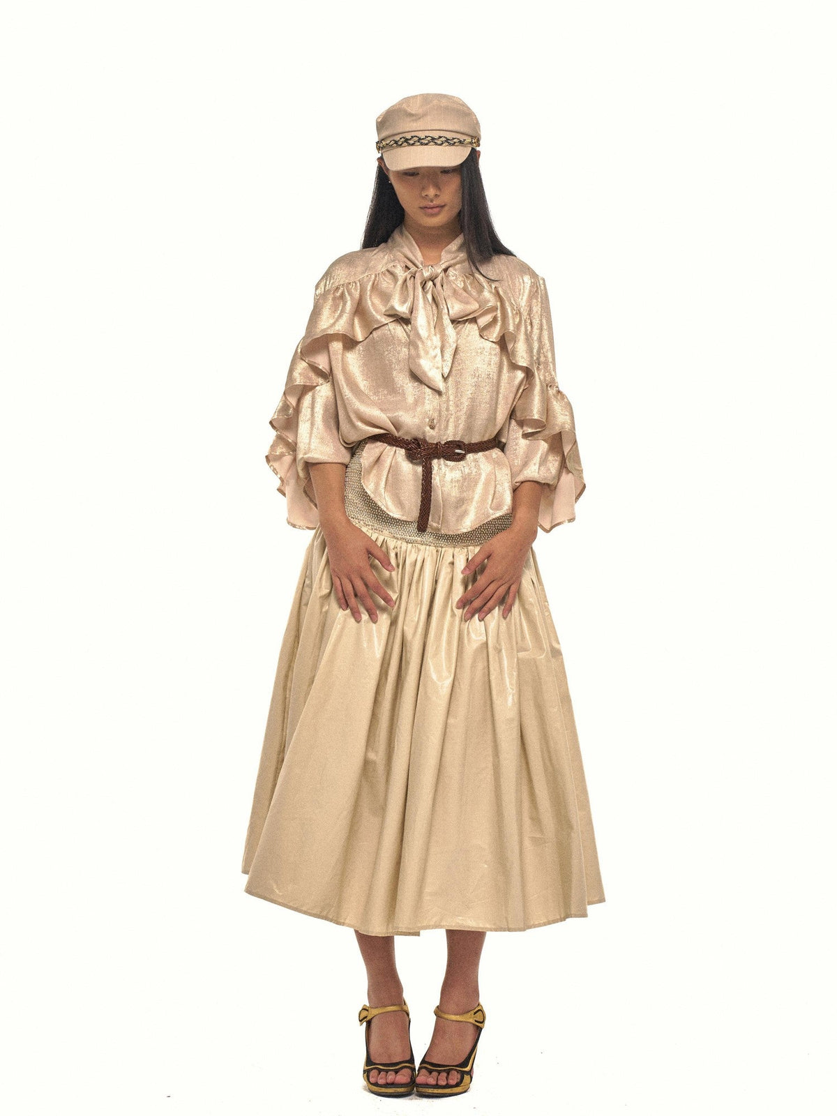 Gold Sheen Regal Ruffle Tie Neck Lantern Sleeve Women's Polyester Shirts
