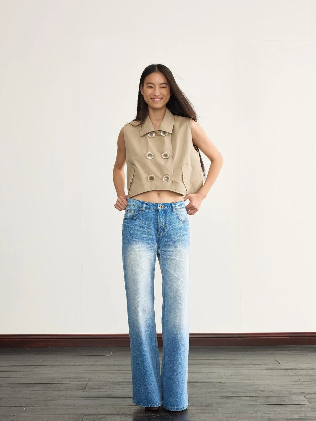 Ice Blue Washed Straight Jeans With Natural Faded Creases