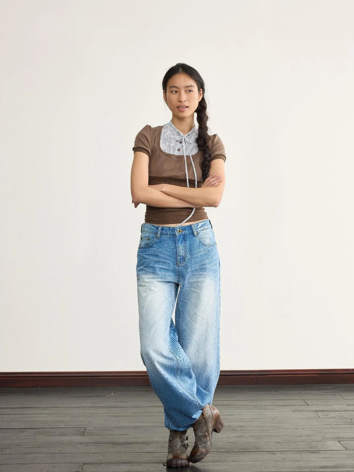 Ice Blue Washed Straight Jeans With Natural Faded Creases