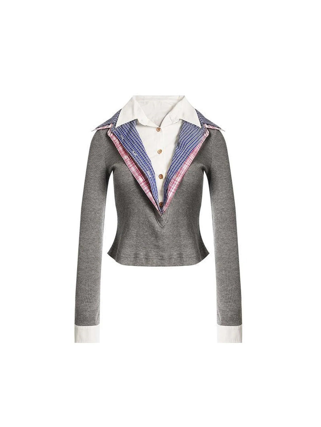 Layered Plaid Shirt Collar Knit Top