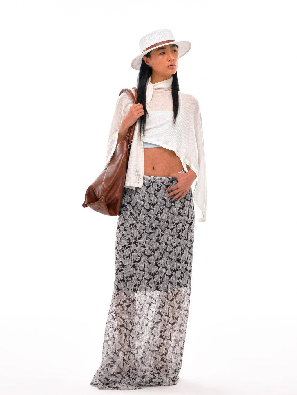 N Y Dkyel Black White Floral A Line Skirt With Draped Waist