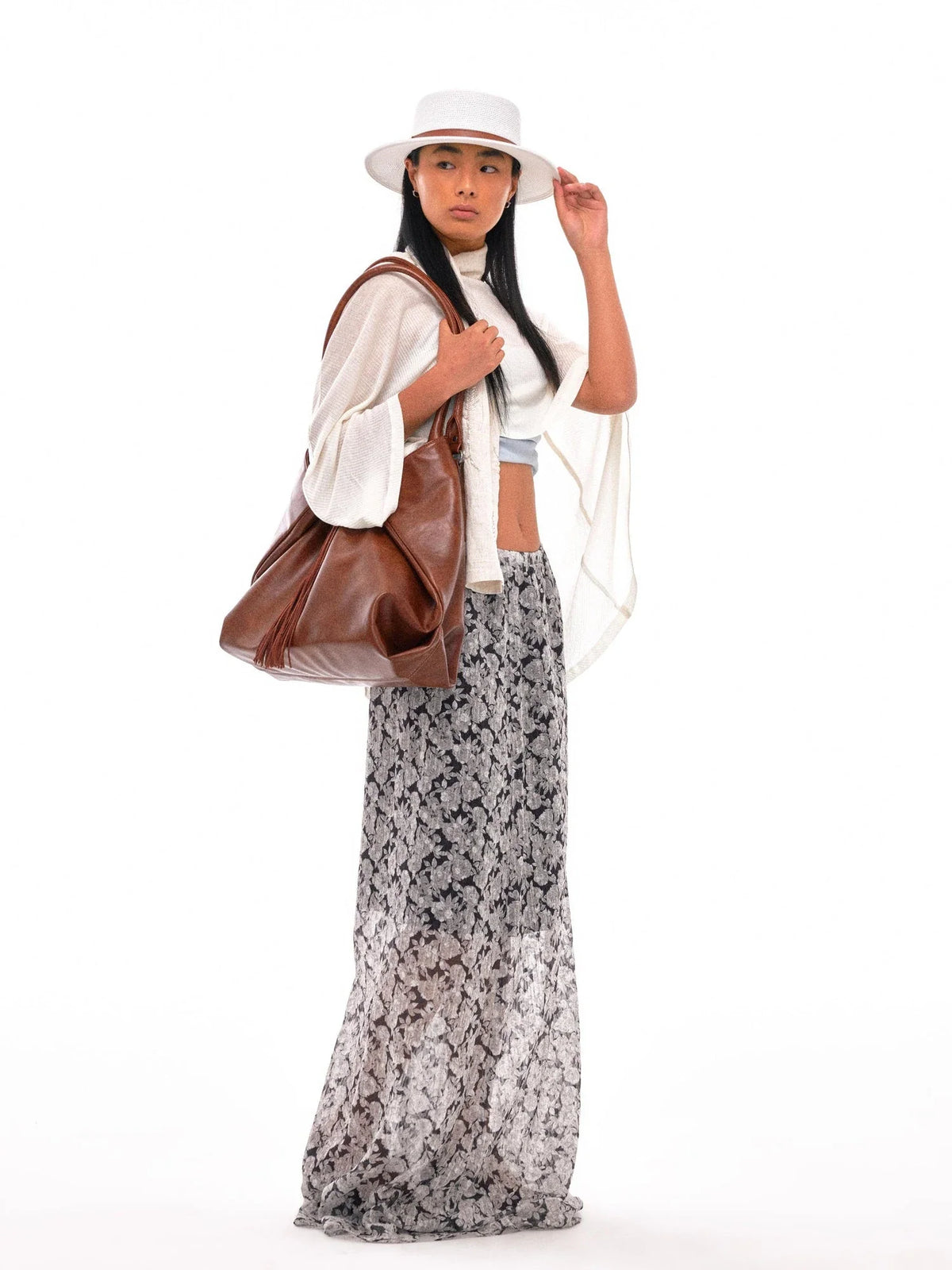 N Y Dkyel Black White Floral A Line Skirt With Draped Waist
