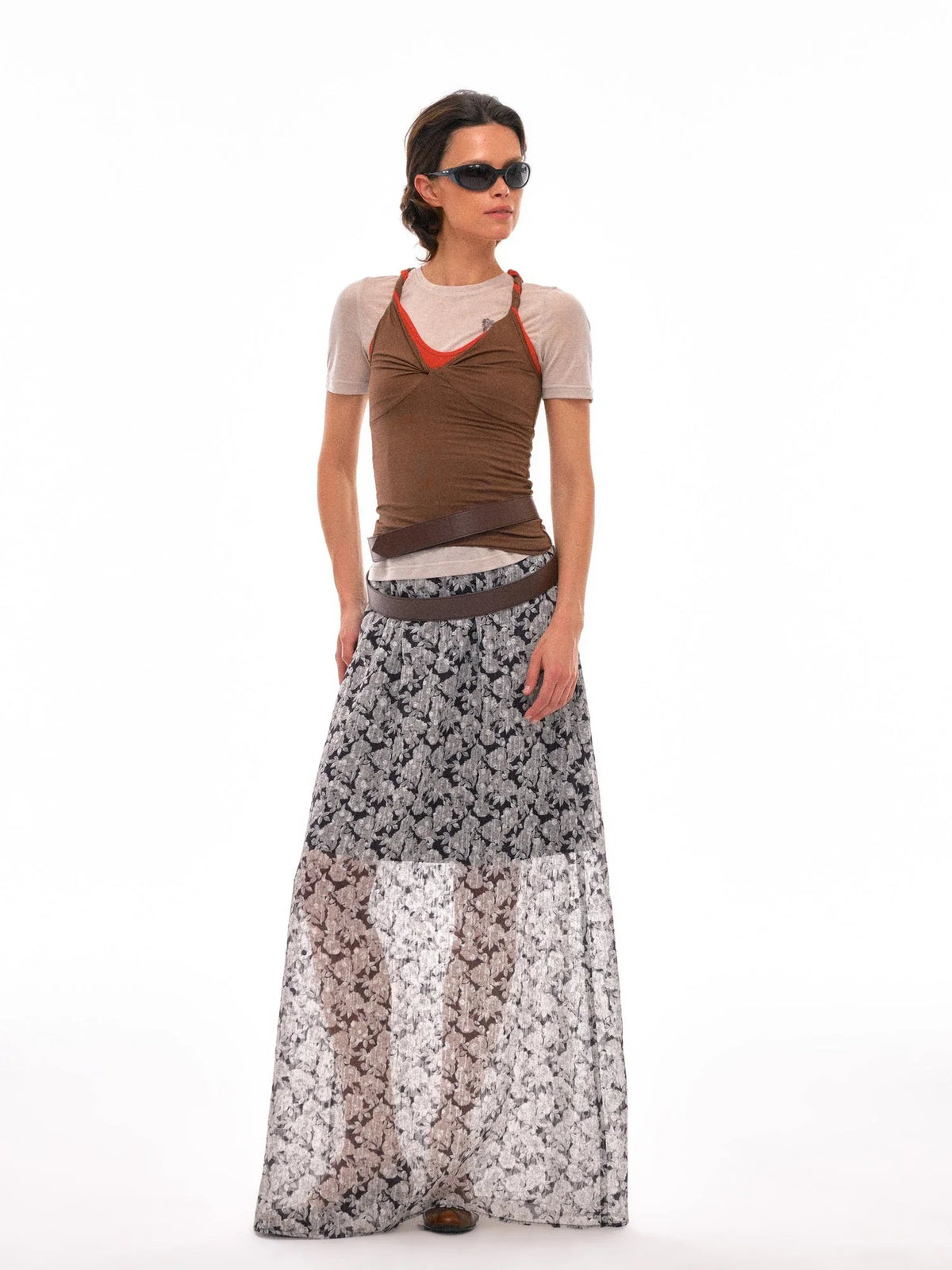 N Y Dkyel Black White Floral A Line Skirt With Draped Waist