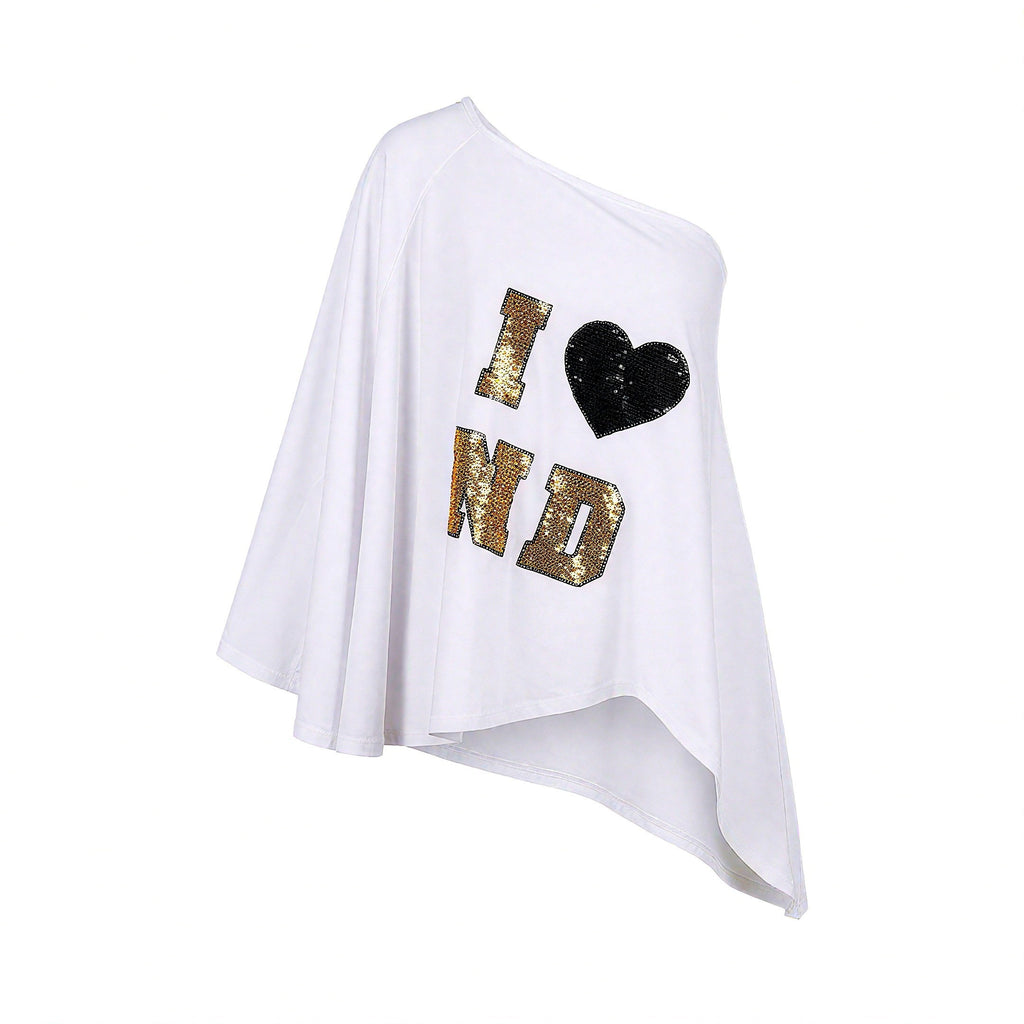 Napoleon Asymmetrical Sequin Letter Cape Women's Cotton Off-shoulder T-shirts
