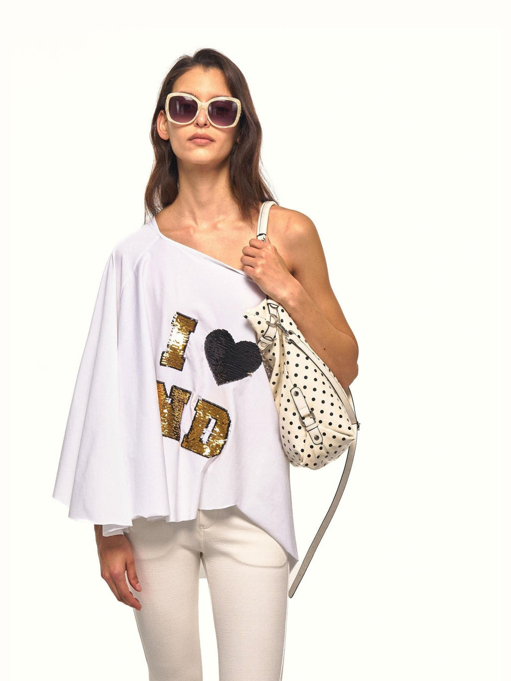 Napoleon Asymmetrical Sequin Letter Cape Women's Cotton Off-shoulder T-shirts
