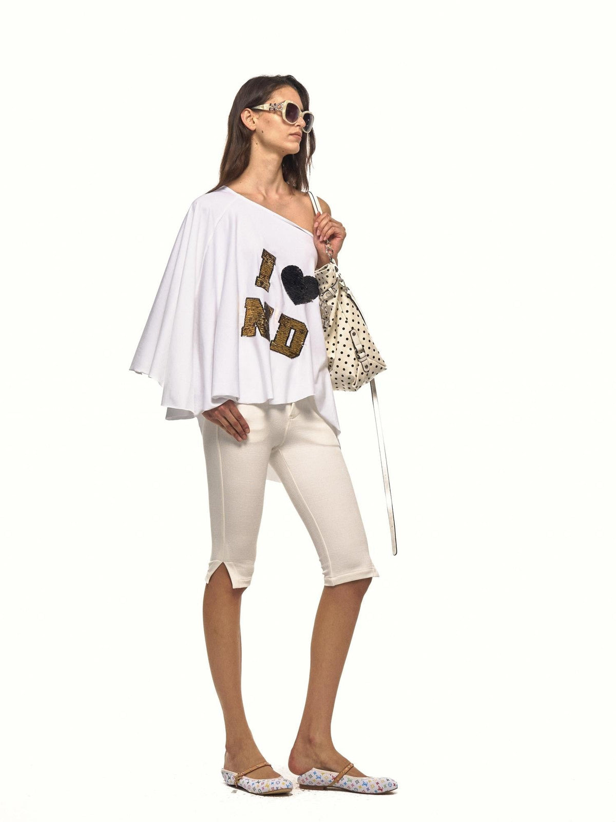 Napoleon Asymmetrical Sequin Letter Cape Women's Cotton Off-shoulder T-shirts