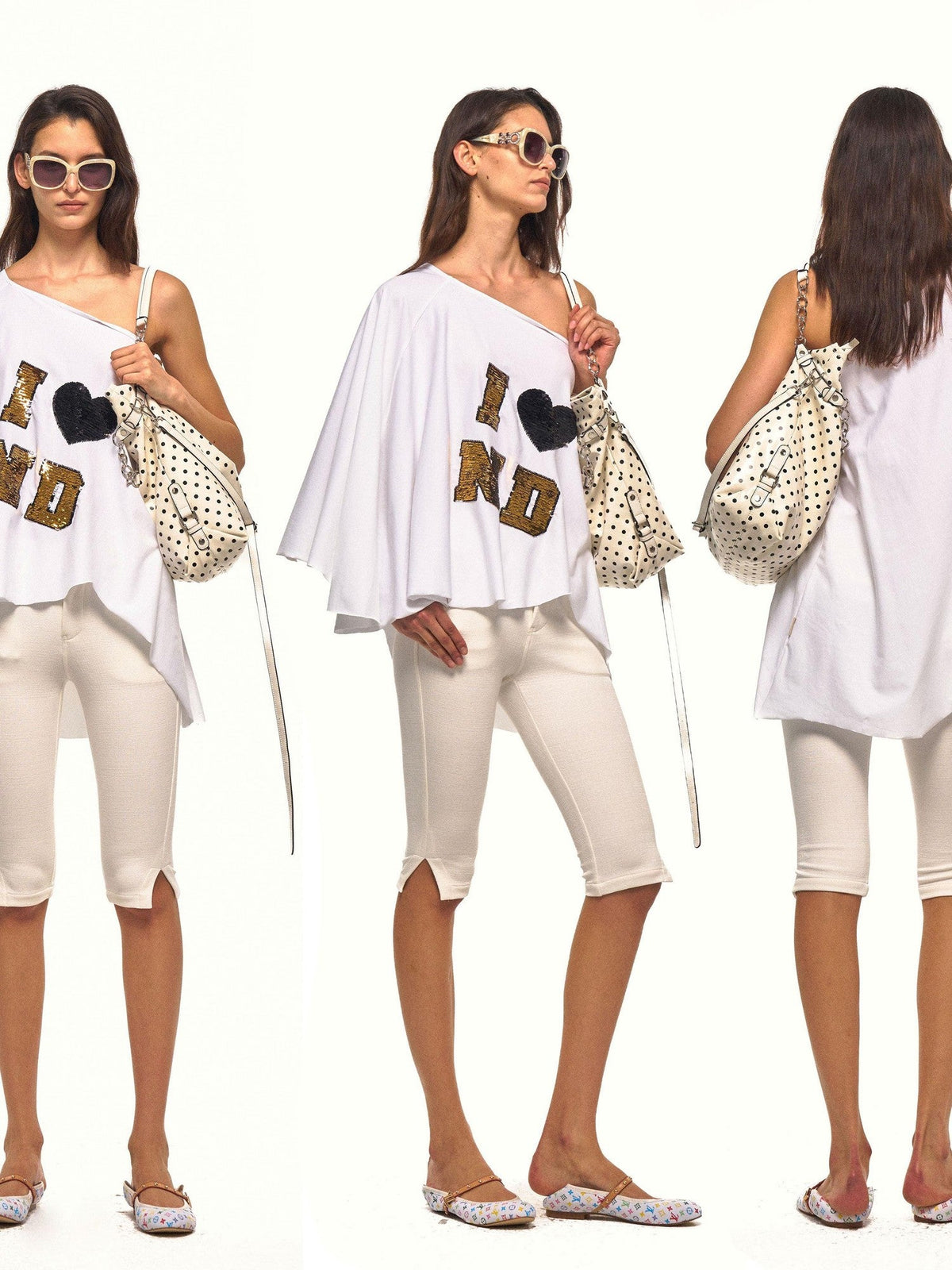 Napoleon Asymmetrical Sequin Letter Cape Women's Cotton Off-shoulder T-shirts
