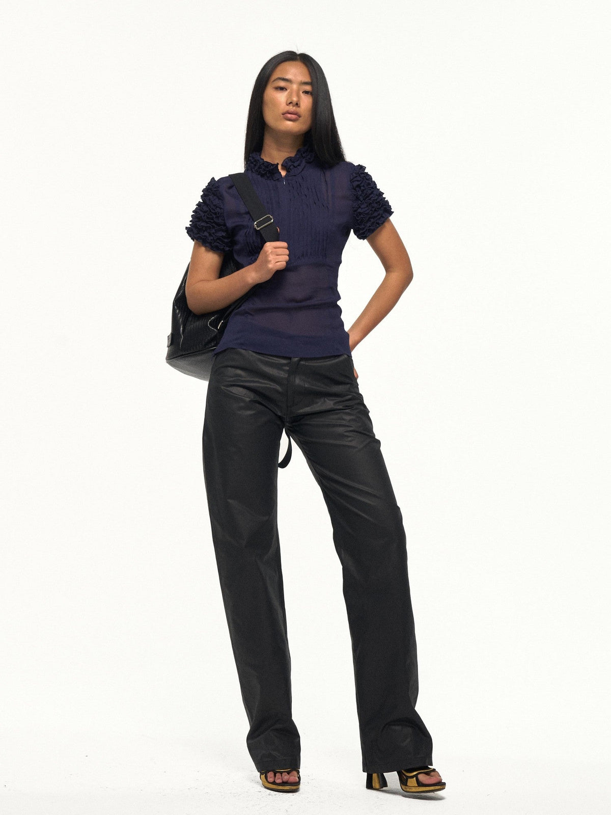 Napoleon Layered Ruffle Petal Collar Waist Cinched Women's Chiffon Shirts