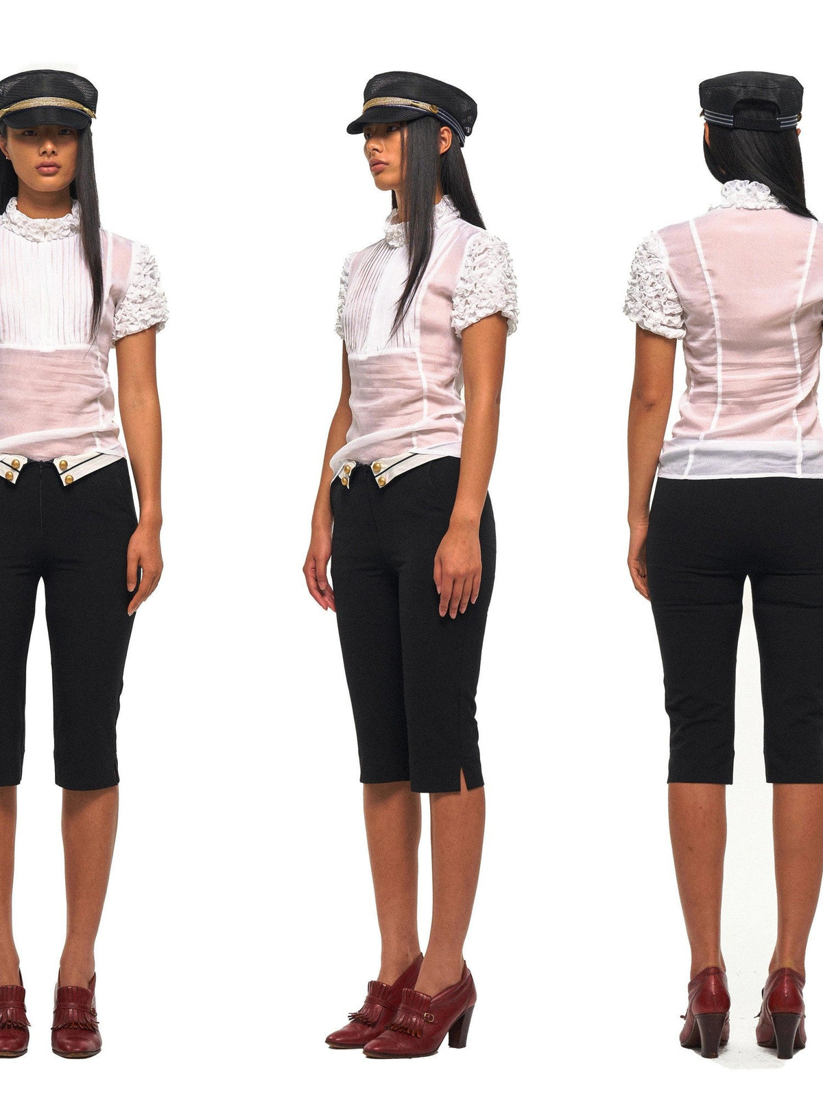 Napoleon Layered Ruffle Petal Collar Waist Cinched Women's Chiffon Shirts
