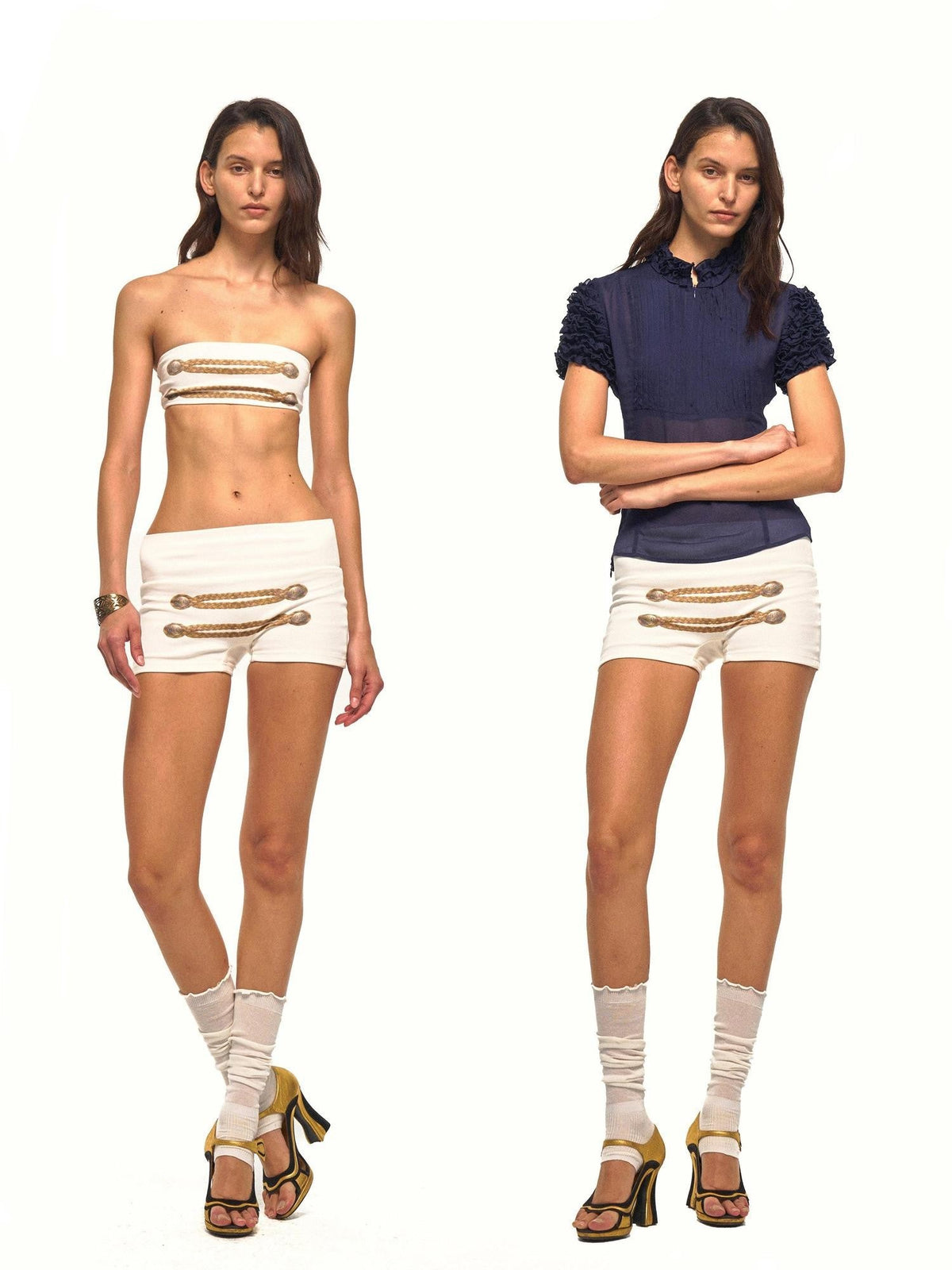 Napoleon Style Print Ribbed Bandeau Low Waist Women's Casual Top & Shorts Sets