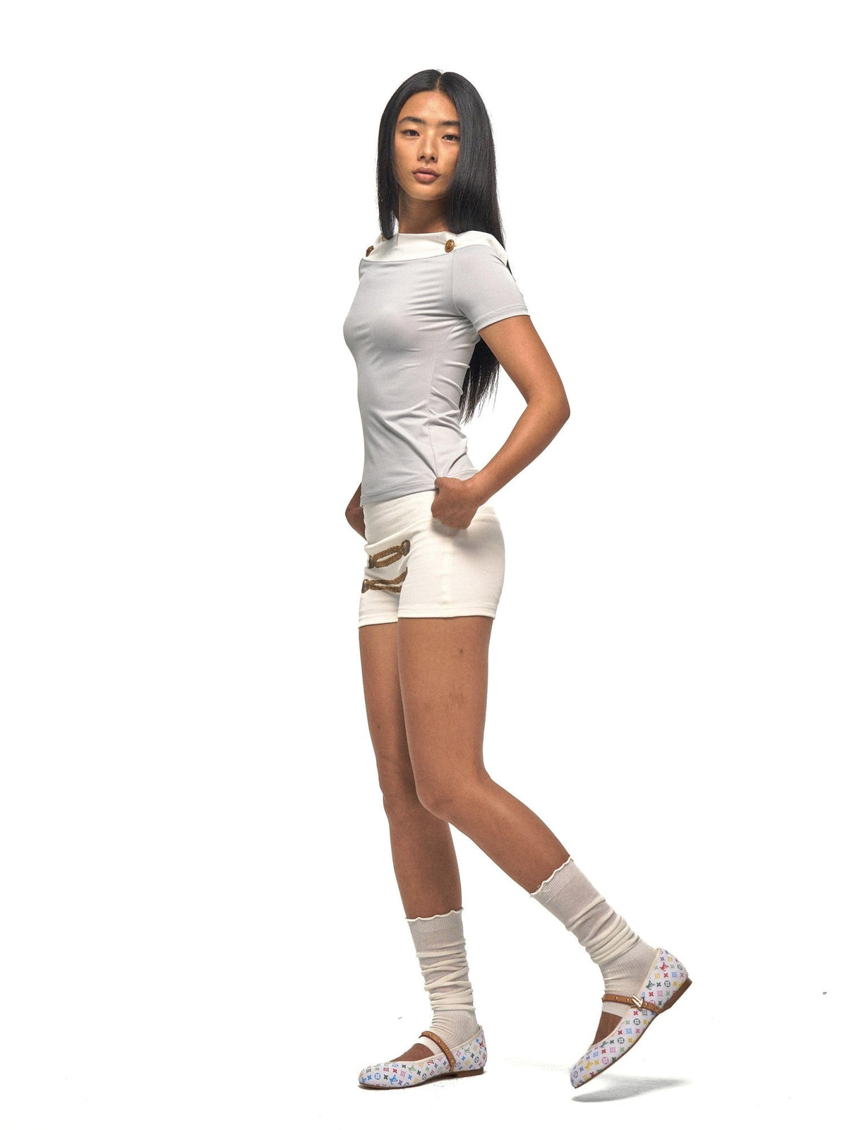 Napoleon Style Print Ribbed Bandeau Low Waist Women's Casual Top & Shorts Sets