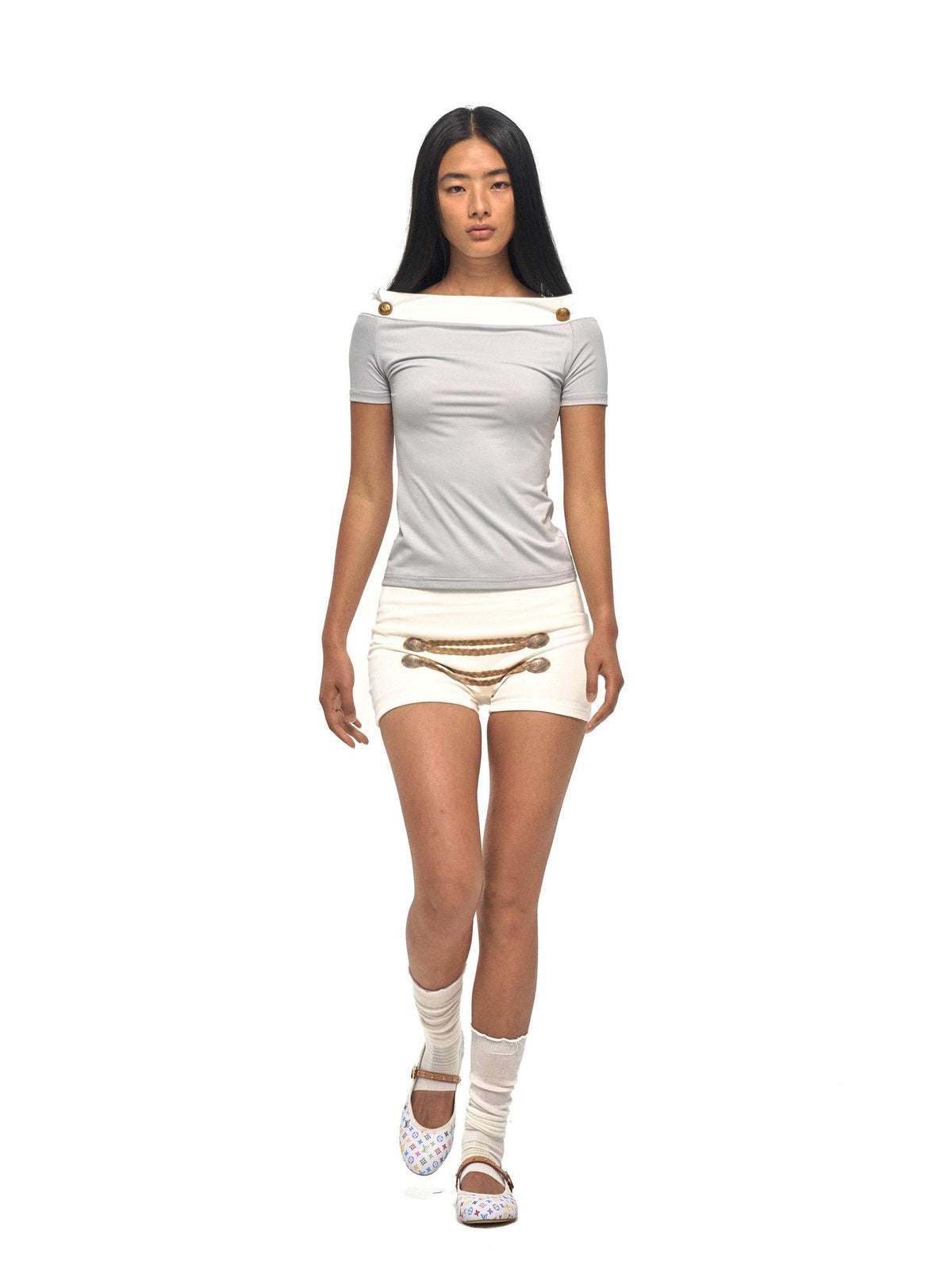 Napoleon Style Print Ribbed Bandeau Low Waist Women's Casual Top & Shorts Sets