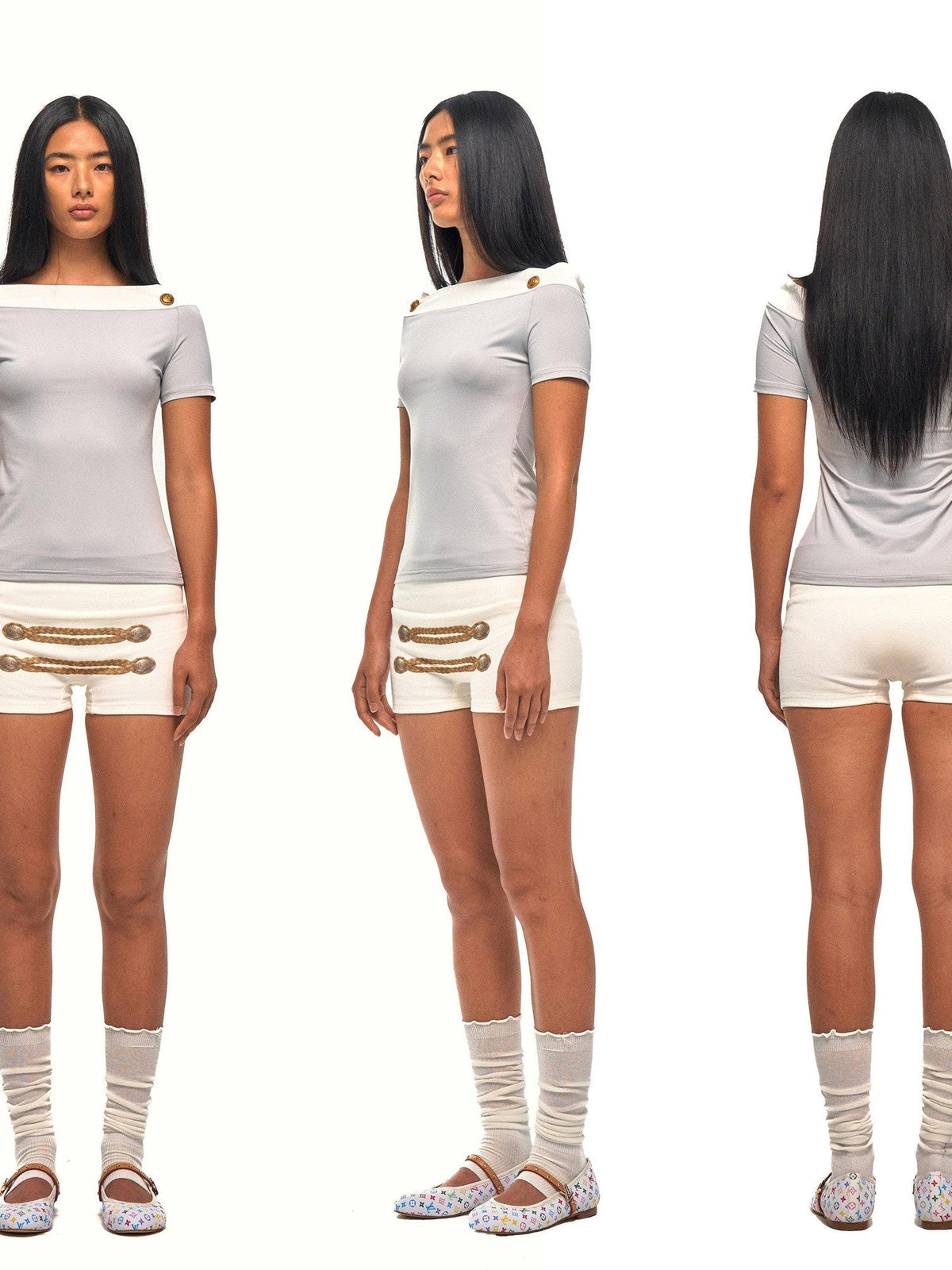 Napoleon Style Print Ribbed Bandeau Low Waist Women's Casual Top & Shorts Sets