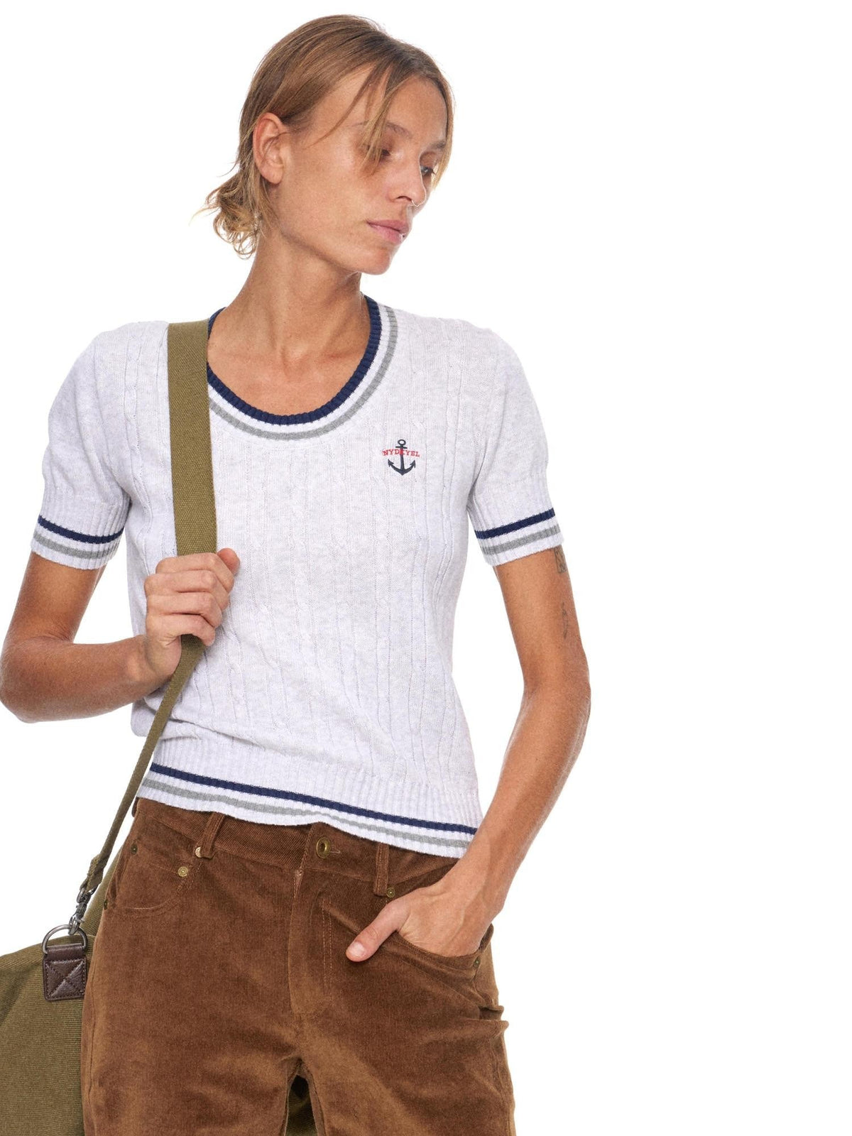Nautical Anchor Embroidered Contrast Knit Women's Cotton Short Sleeve T-shirts