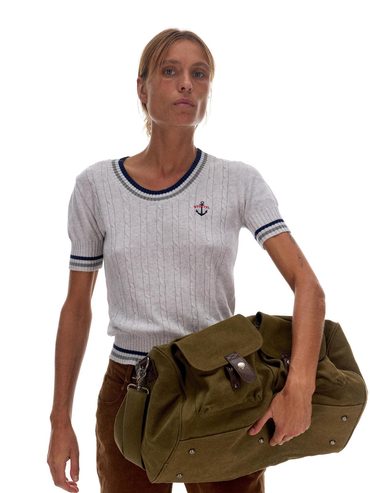 Nautical Anchor Embroidered Contrast Knit Women's Cotton Short Sleeve T-shirts