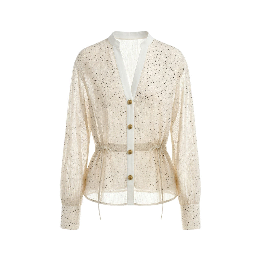Sheer Polka Dot V-neck Drawstring Waist Gold Button Women's Polyester Blouses