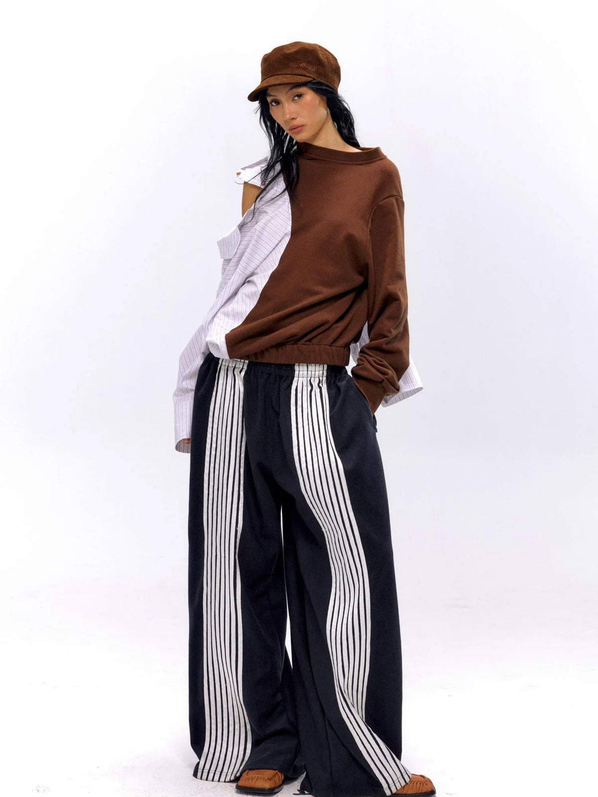 Striped Color Block Convertible Shirt Hoodie
