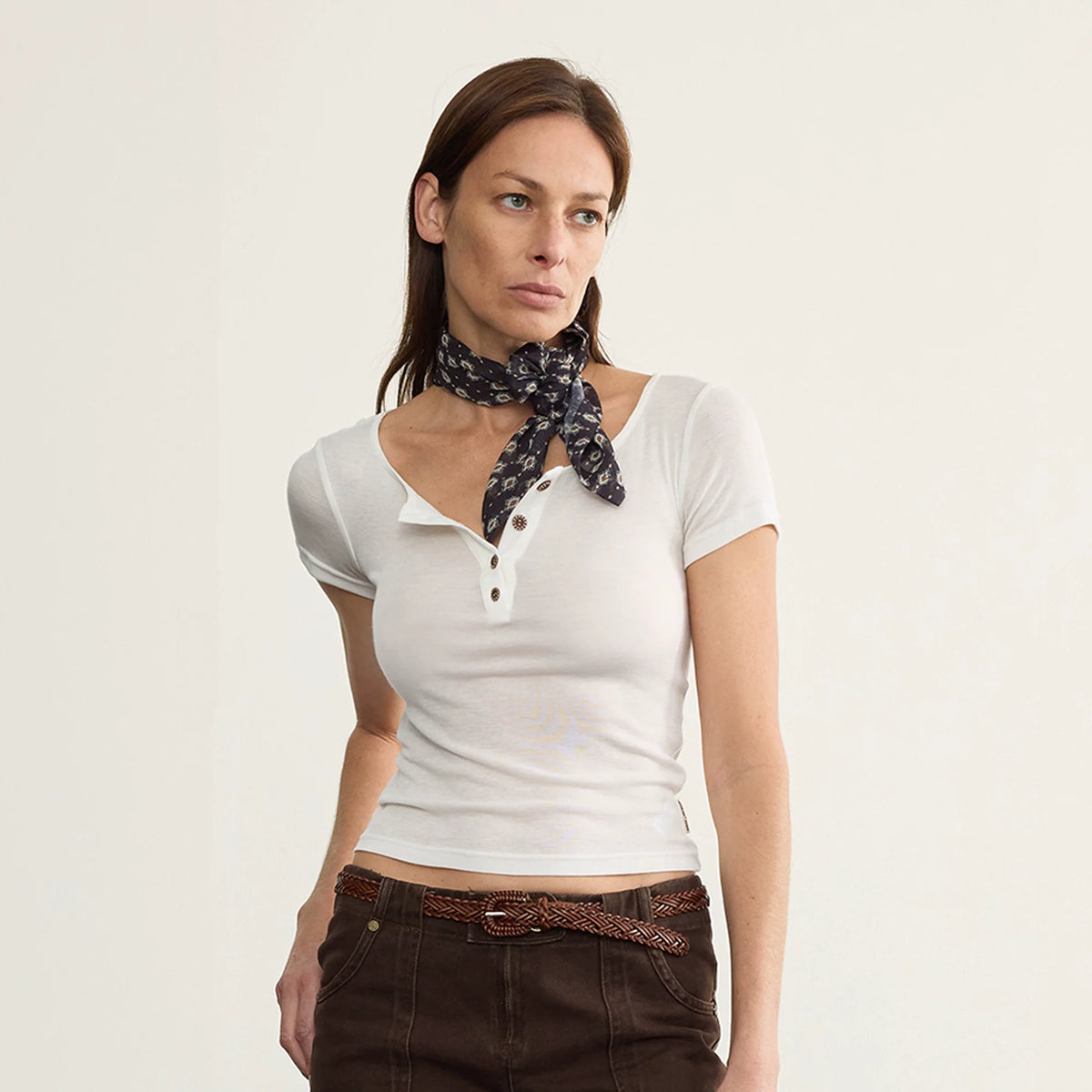 Tencel Wool Henley Knit Tee With Back Strap Detail