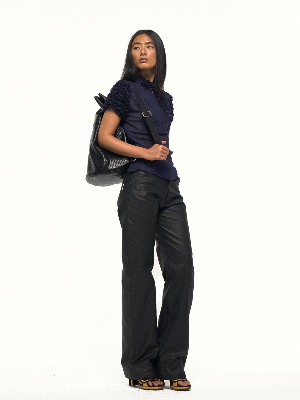 Textured Faux Leather Slanted Pockets Straight Women's Cotton Leather Pants