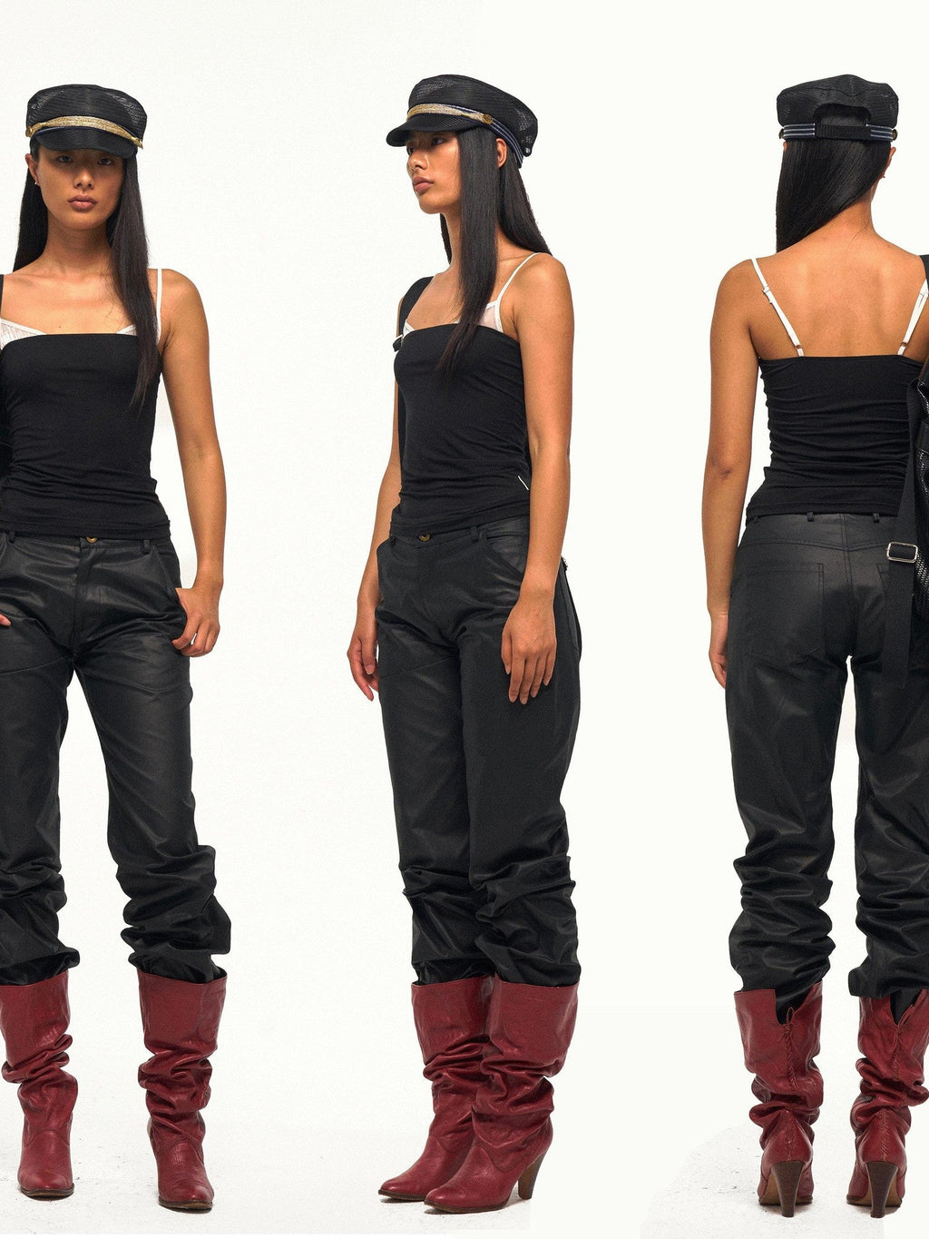 Textured Faux Leather Slanted Pockets Straight Women's Cotton Leather Pants