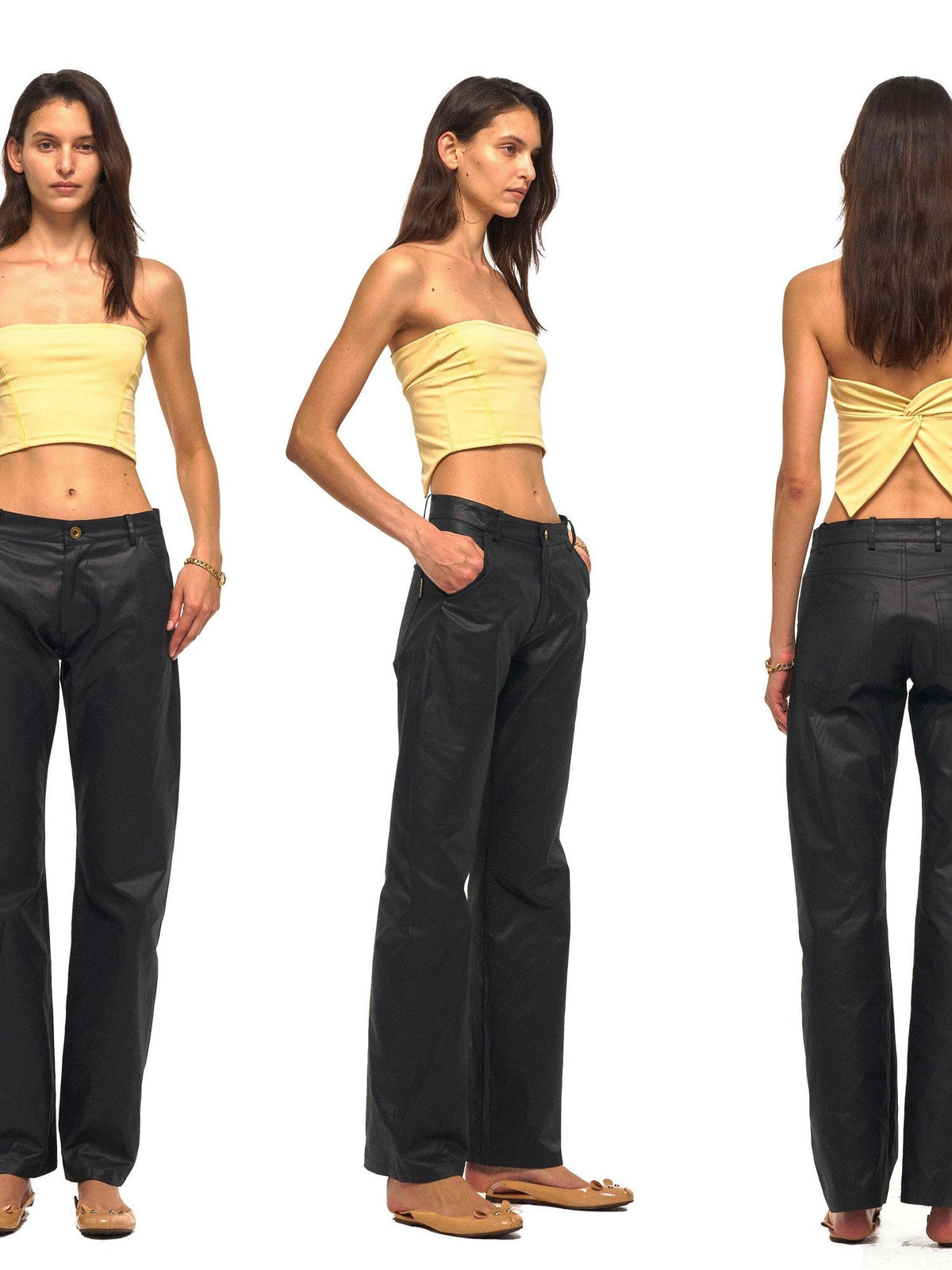 Textured Faux Leather Slanted Pockets Straight Women's Cotton Leather Pants